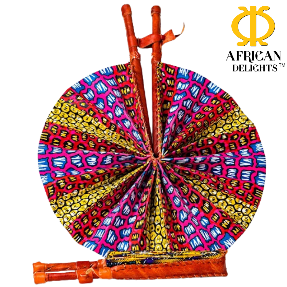 Women’s Leather Handle  African Fabric Fan with Multicolor Fabric Panels African Print Fabric Fan: Handmade Folding Fan With Leather  main image 2