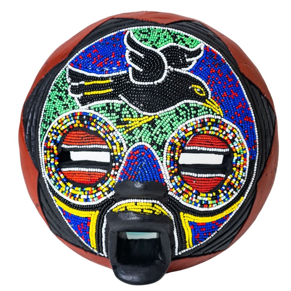 10in Multi-Colored Recycled Glass Bead & Sese Wood African Mask