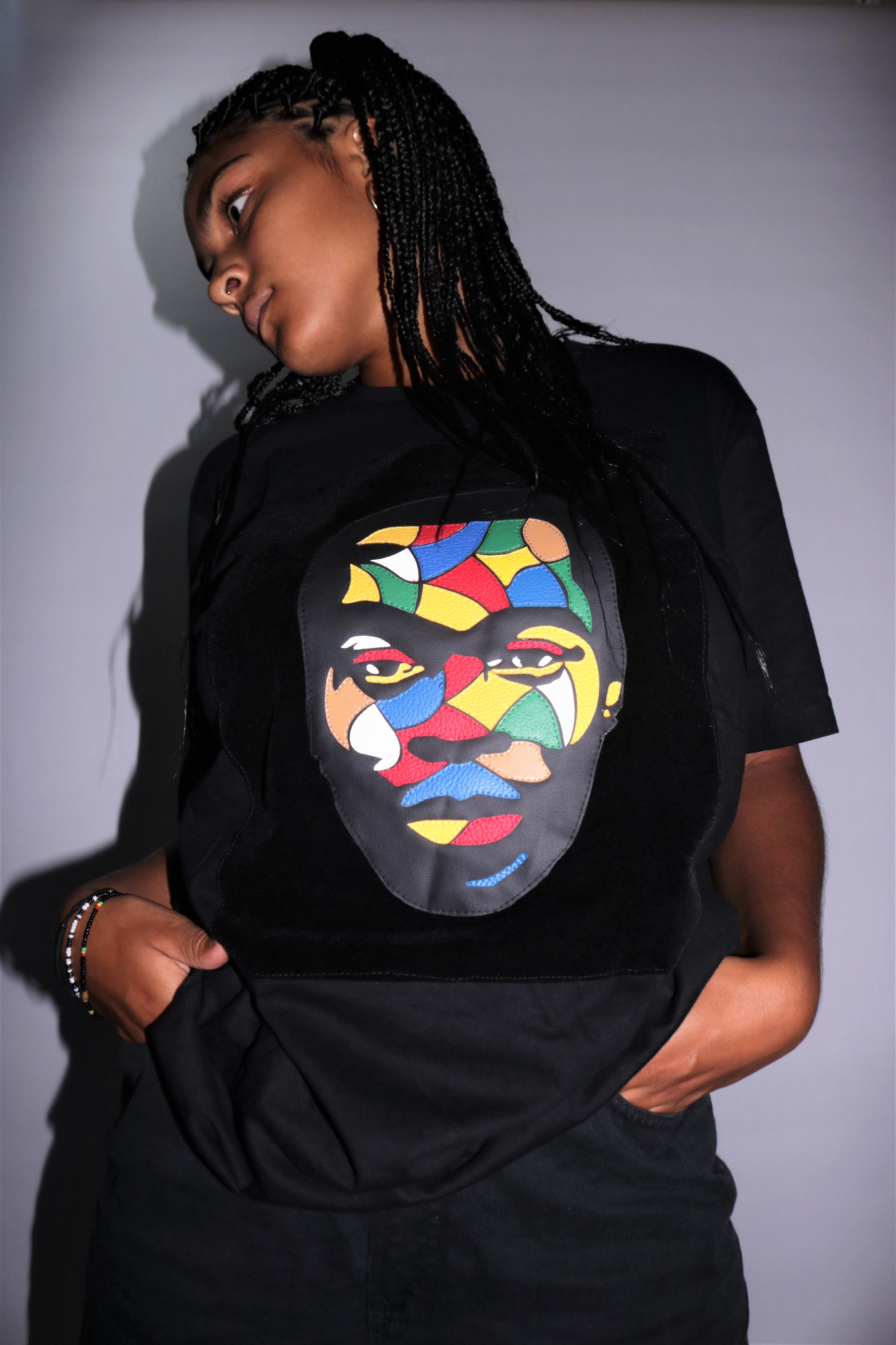 Fela Kuti Multicolored theme on black round neck t shirt