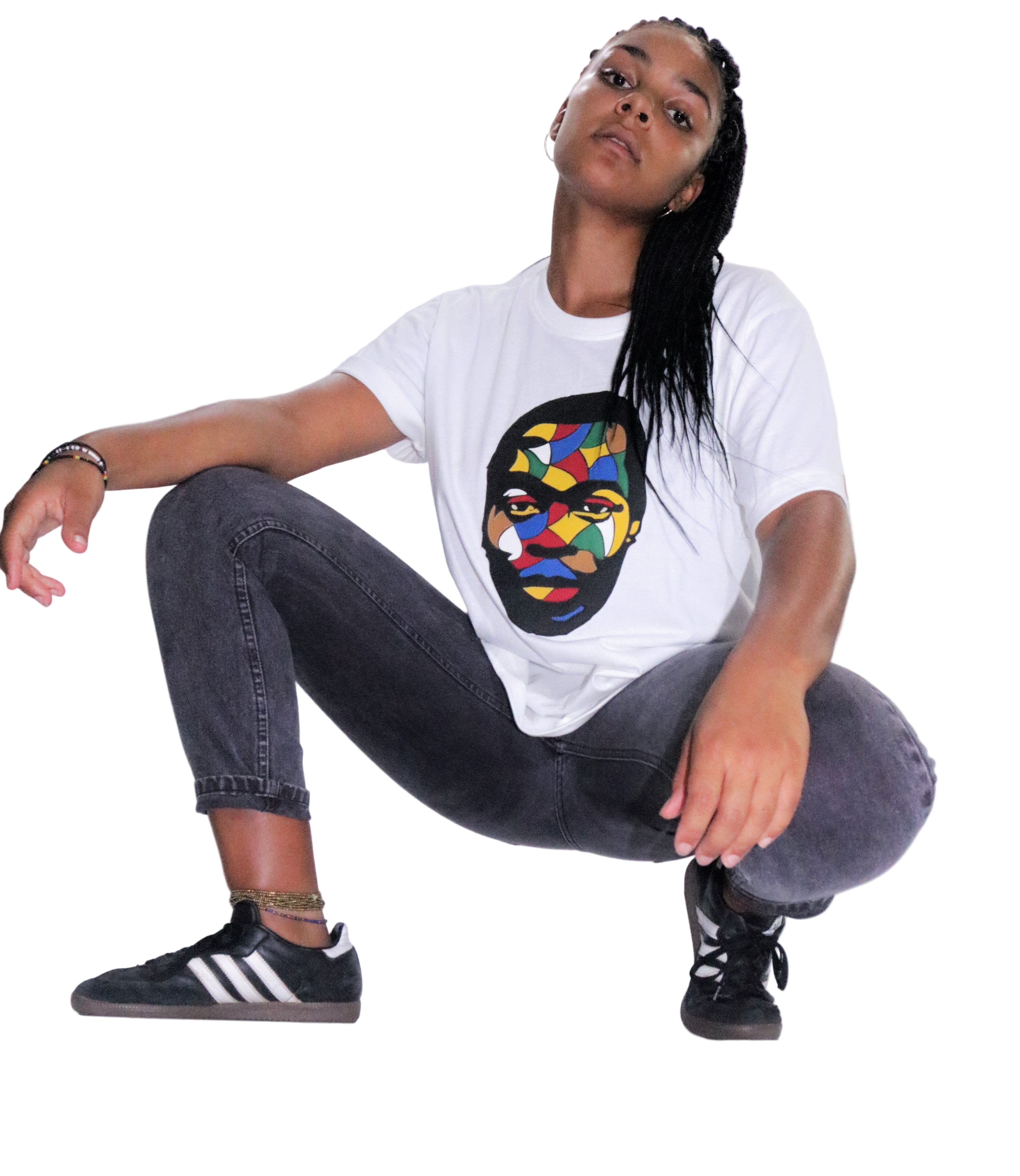 Fela Kuti Multicolored theme on white round neck T-shirt