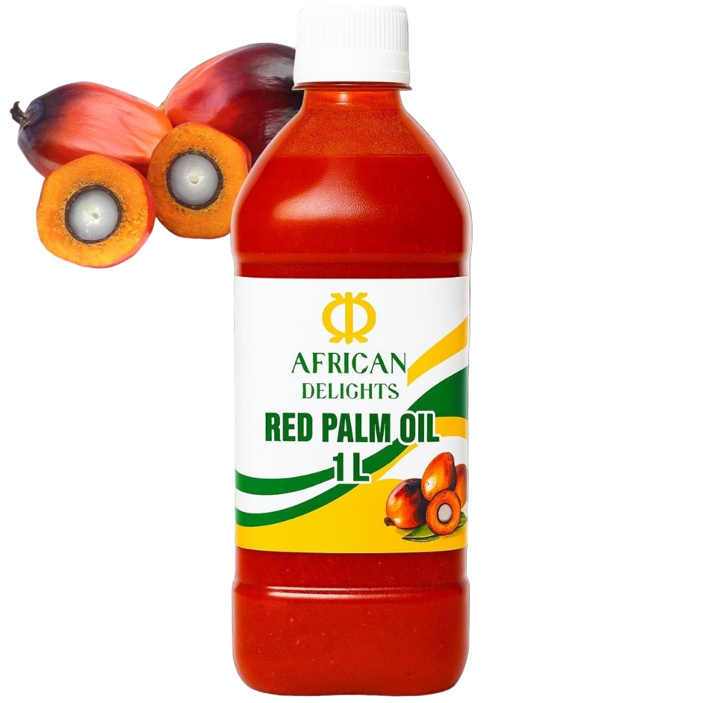 Bottle of African Delights Red Palm Oil with palm fruit on a white background