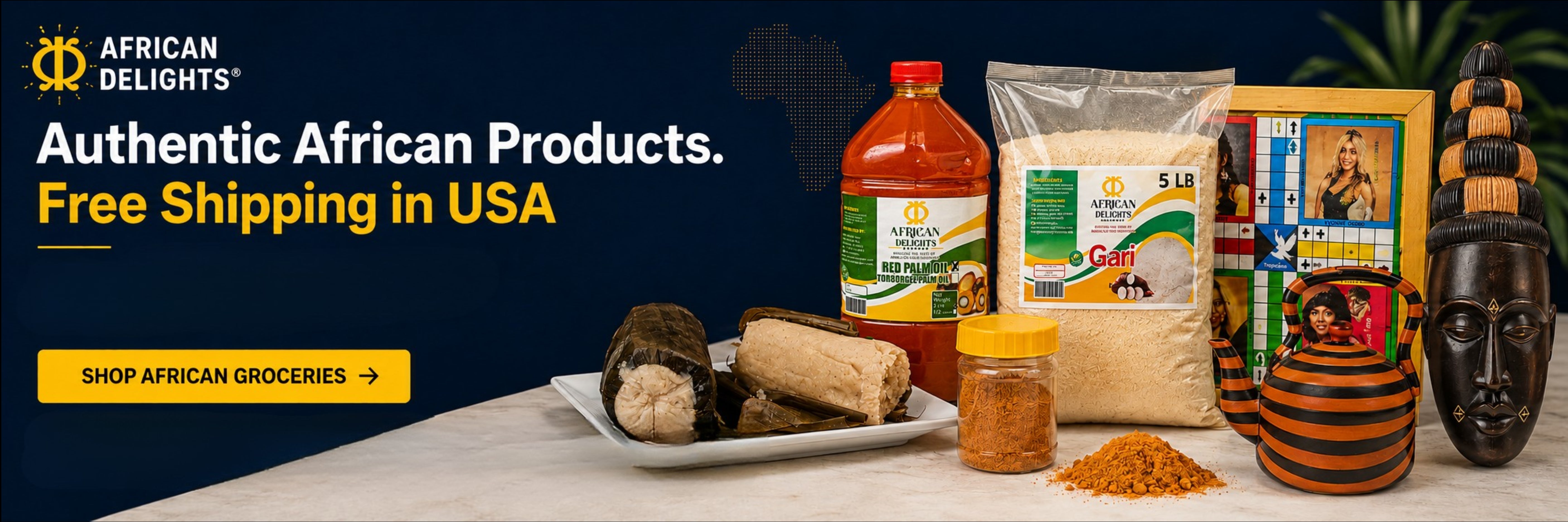 African Delights African grocery store mobile banner featuring African foods, groceries, beauty products, and gifts