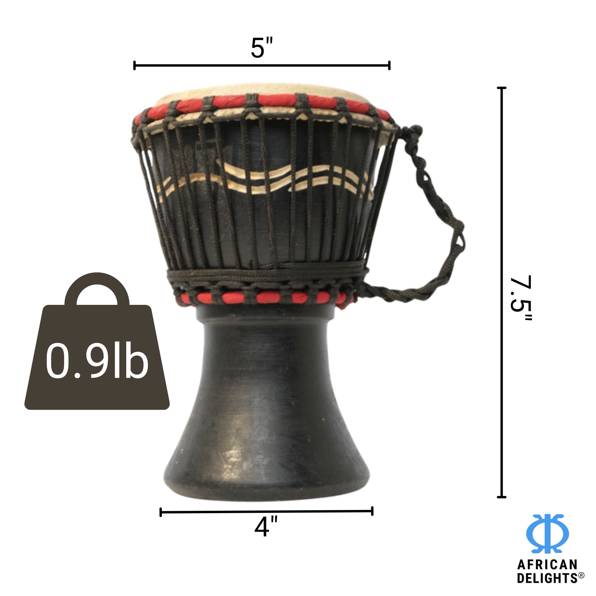 Black with Wave Etching 1 mini djembe drum size and dimensions