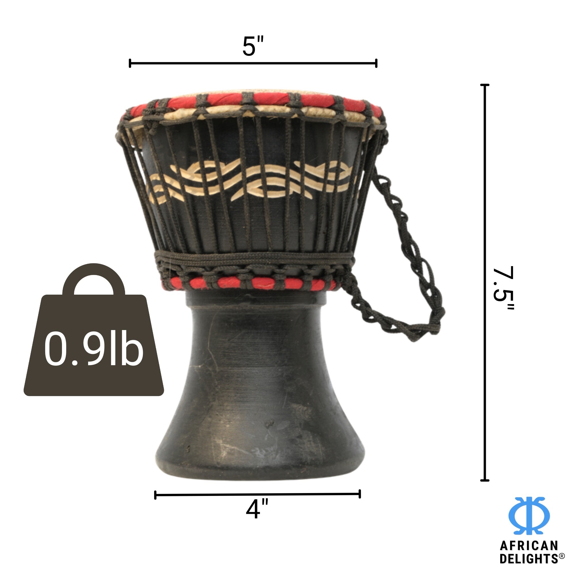 Black with Wave Etching 2 mini djembe drum size and dimensions