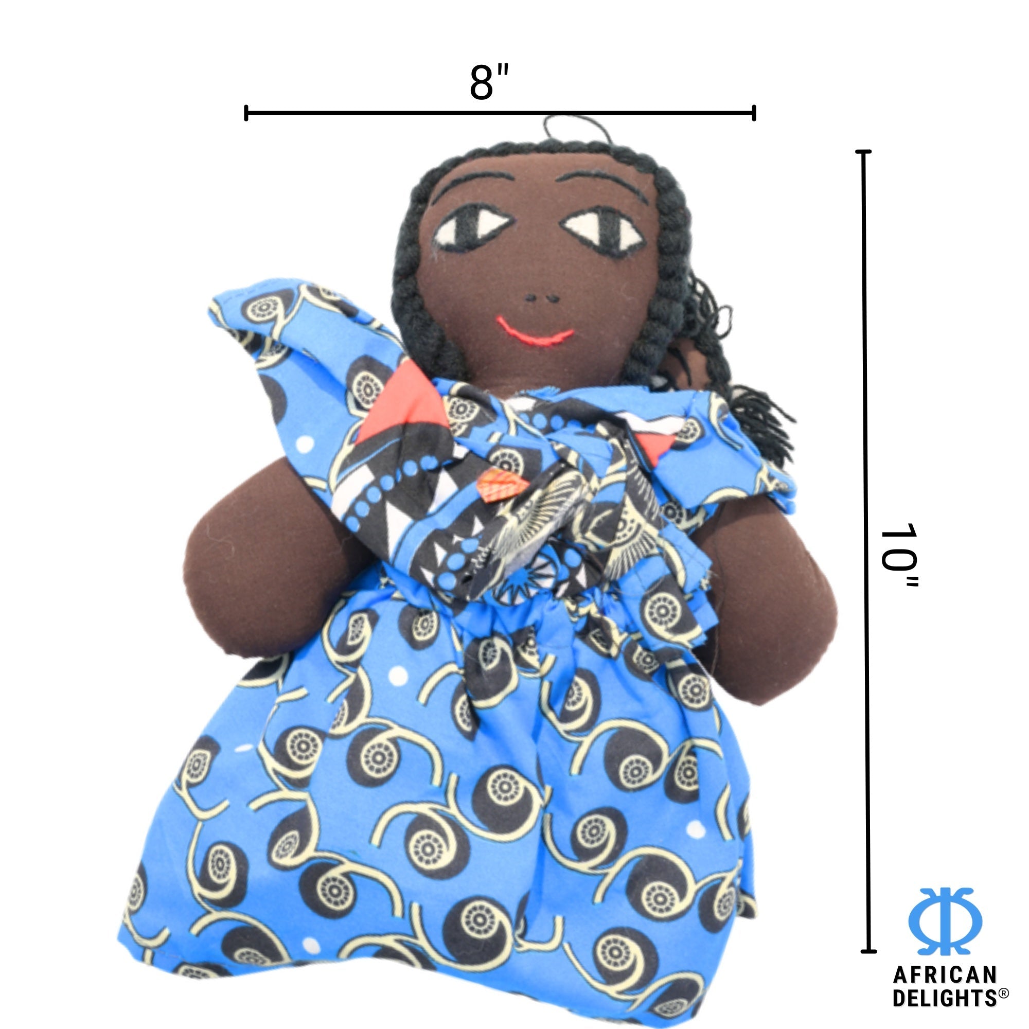 Blue/Black African fabric doll size guide – 10-inch handmade Ghanaian collectible figurine. African Delights. #Color_Blue/Black