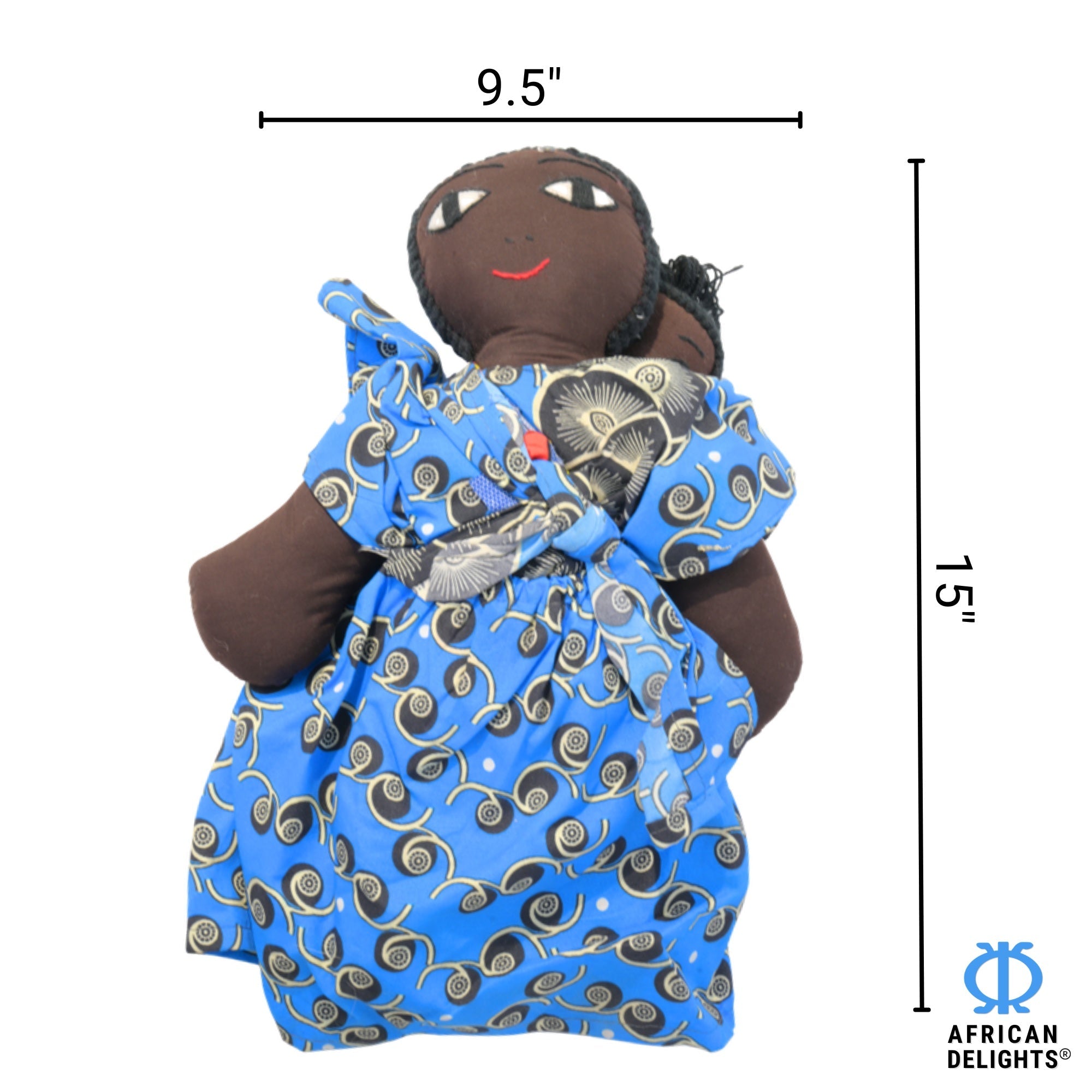 Blue/Black African fabric doll size guide – 15-inch handmade Ghanaian collectible figurine. African Delights. #Color_Blue/Black