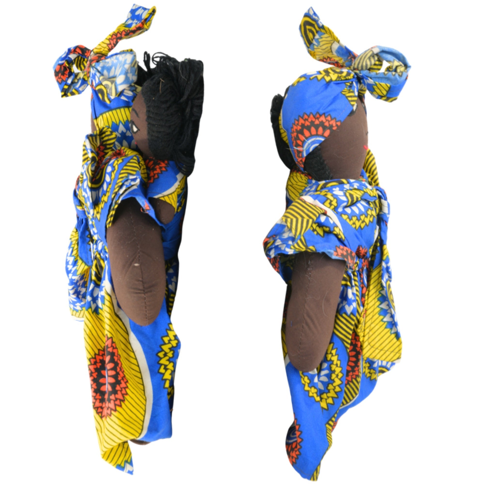 Blue/Gold African fabric doll back and side view – 15-inch handmade Ghanaian artisan collectible. African Delights. #Color_Blue/Gold