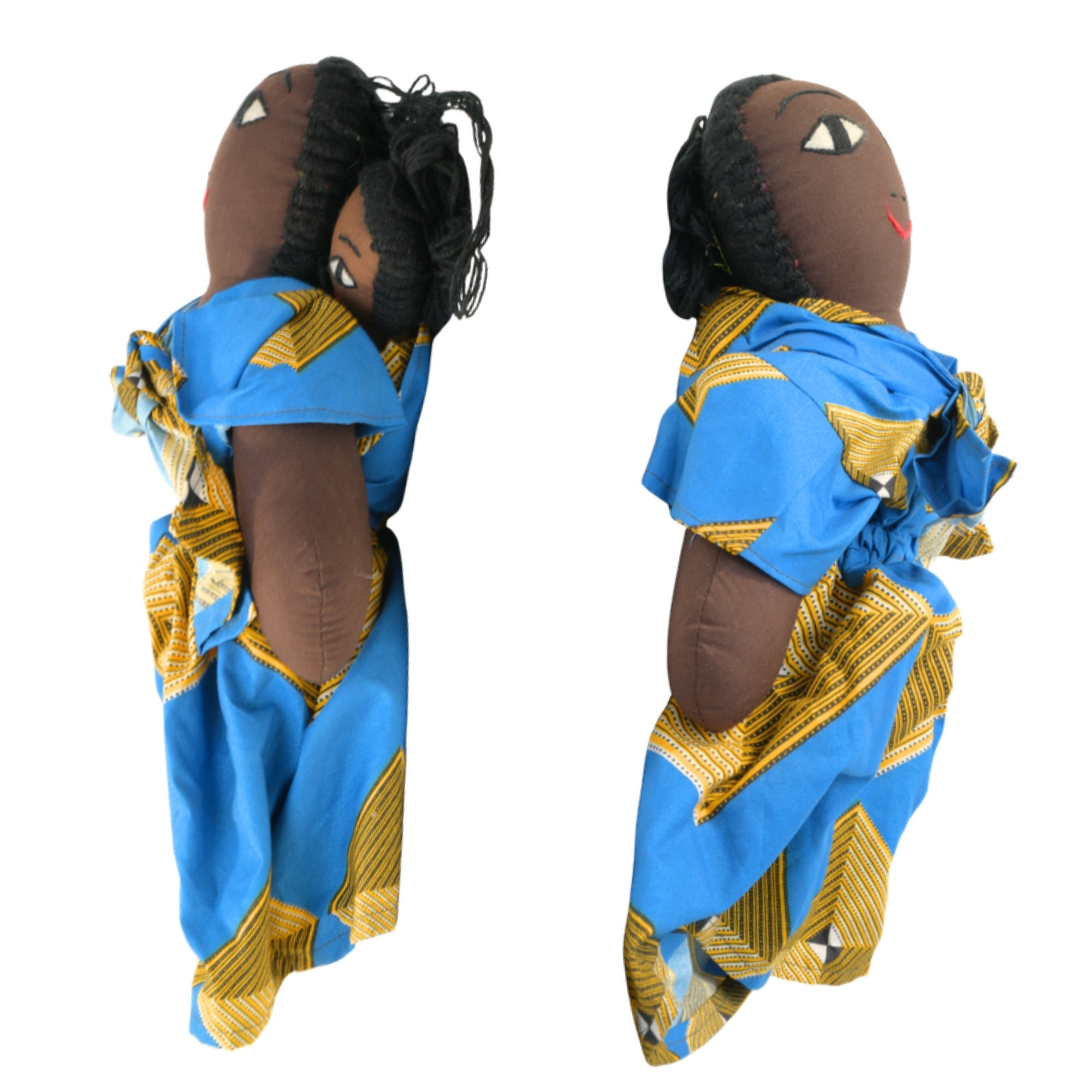 Blue/Gold Squares African fabric doll back and side view – 15-inch handmade Ghanaian artisan collectible. African Delights. #Color_Blue/Gold Squares