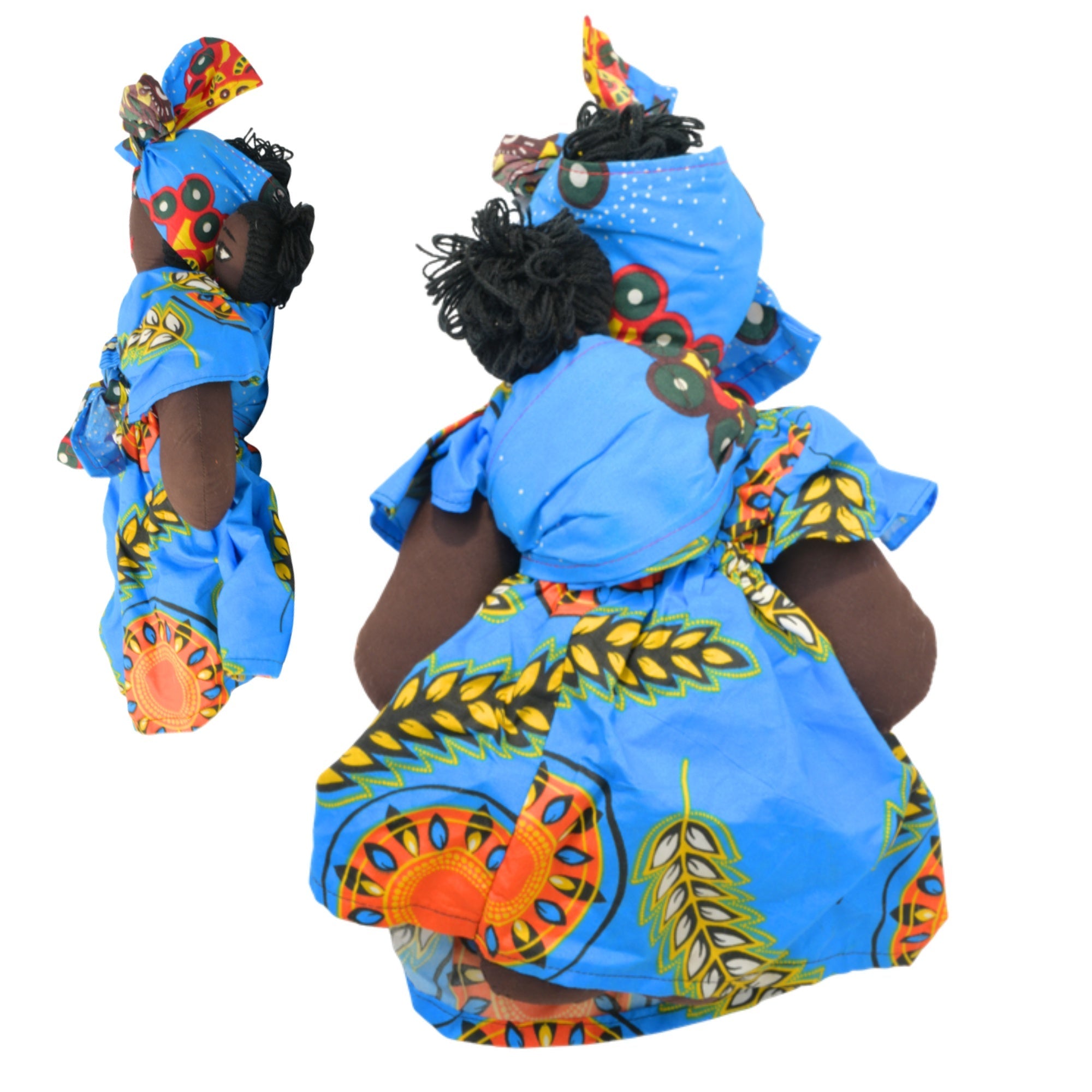 Blue Leaf African fabric doll back and side view – 15-inch handmade Ghanaian artisan collectible. African Delights. #Color_Blue Leaf
