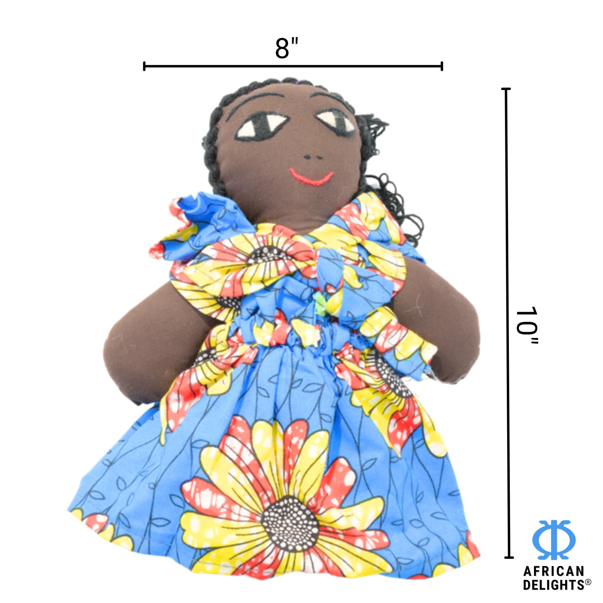 Blue Sunflower African fabric doll size guide – 10-inch handmade Ghanaian collectible figurine. African Delights. #Color_Blue Sunflower