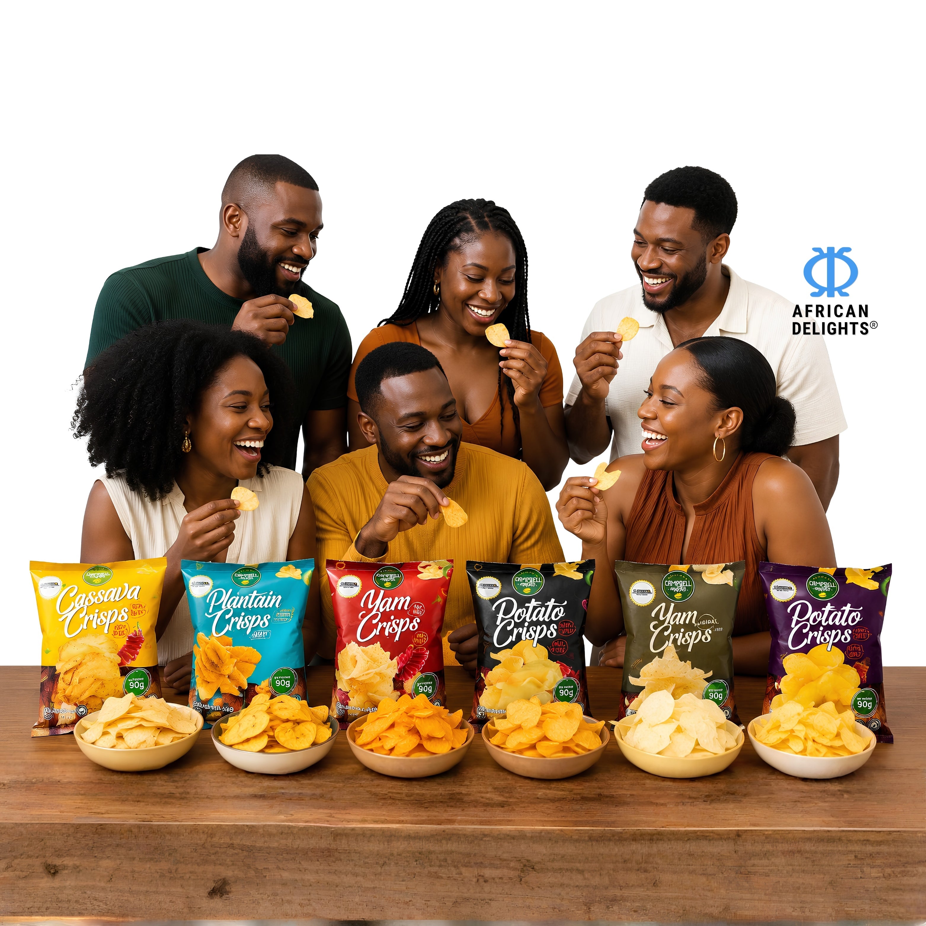 Family sharing African Delights root vegetable crisps together, all six flavors in bowls