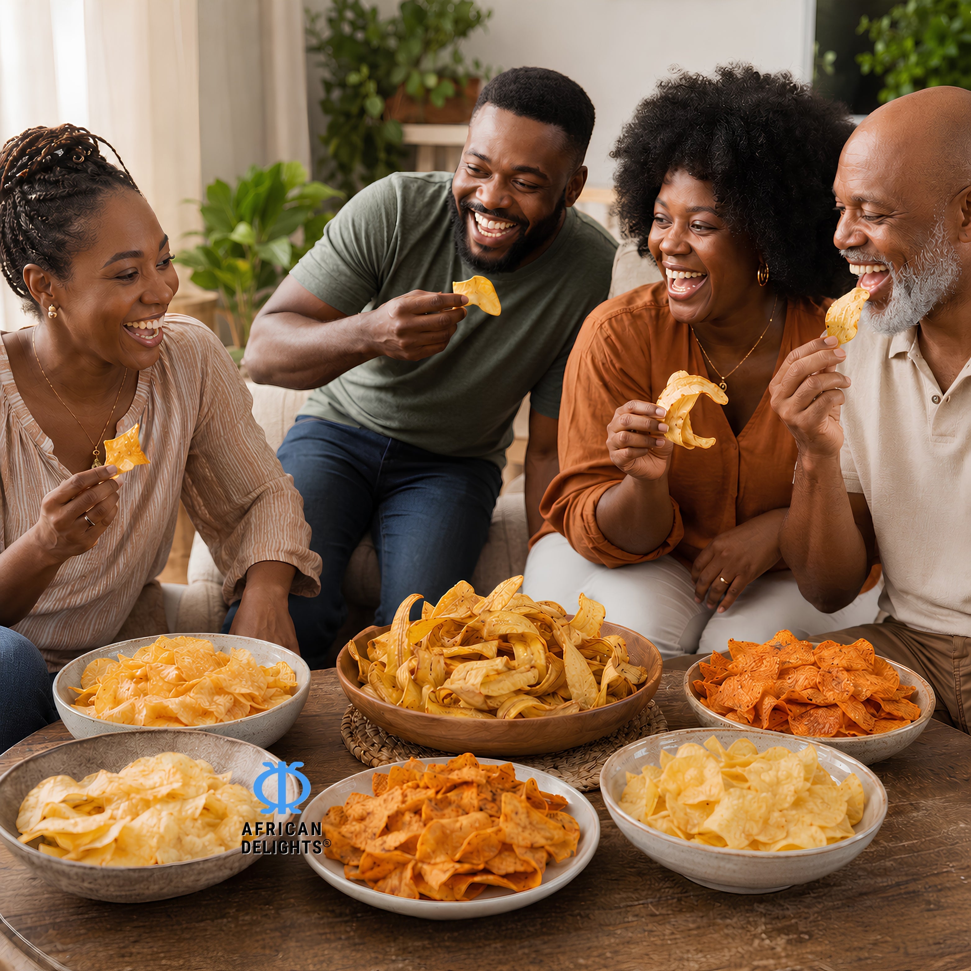 Friends enjoying African Delights crisps, snacking on the go