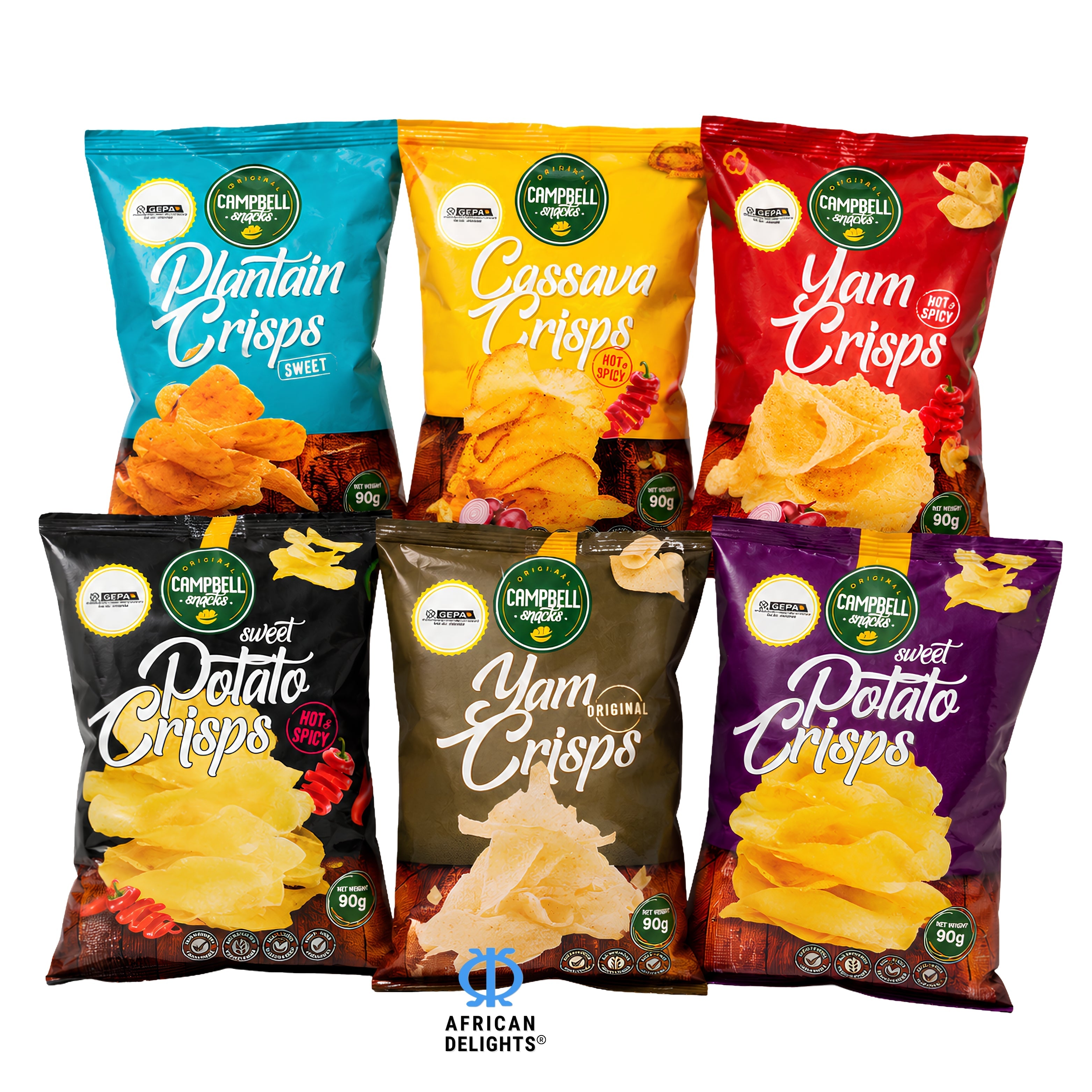 African Delights x Campbell Foods crisps, all six flavors lined up