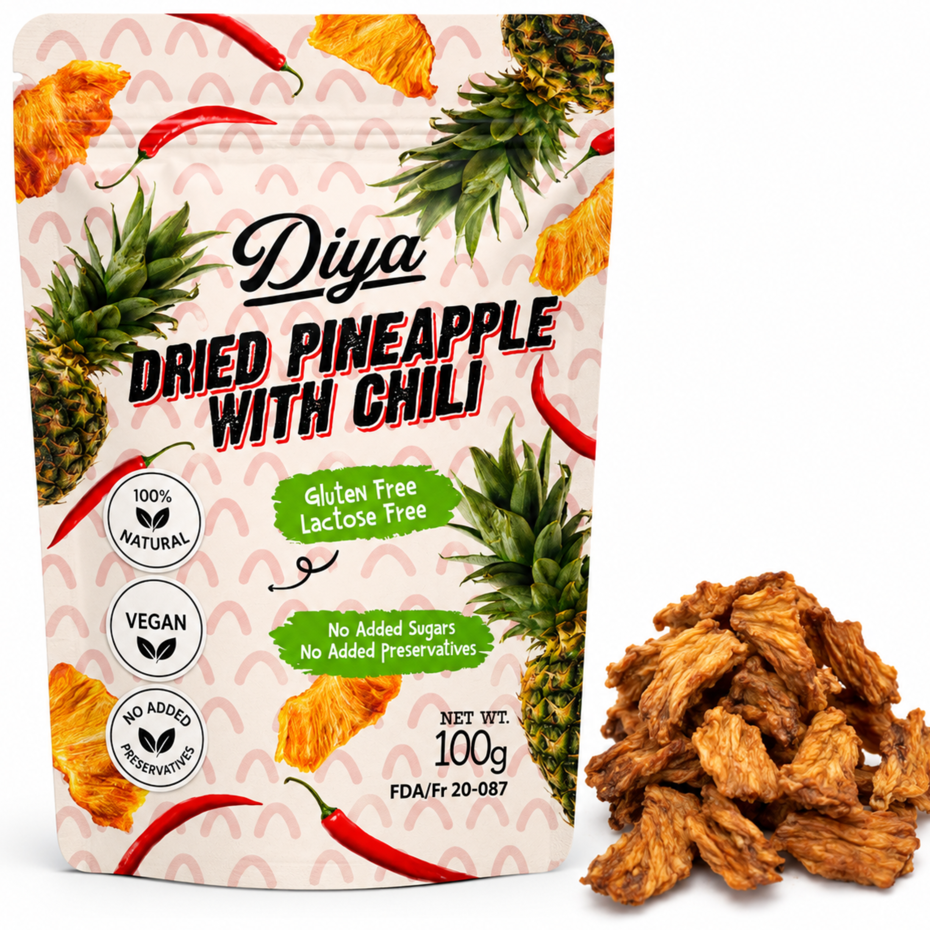 African Delights Dried Pineapple with Chili, Pack of 3 100g bags # Flavor_Dried Pineapple with Chili