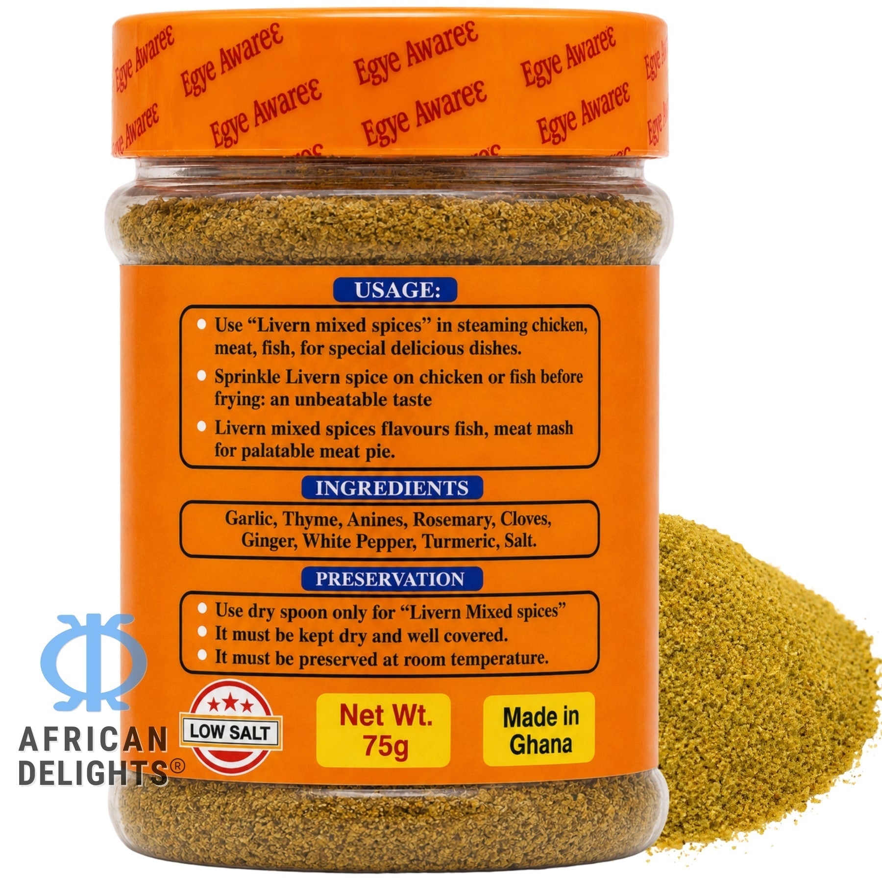 Egye Aware Livern Mixed Spices 75g ingredients label # Title_75g Small Jar