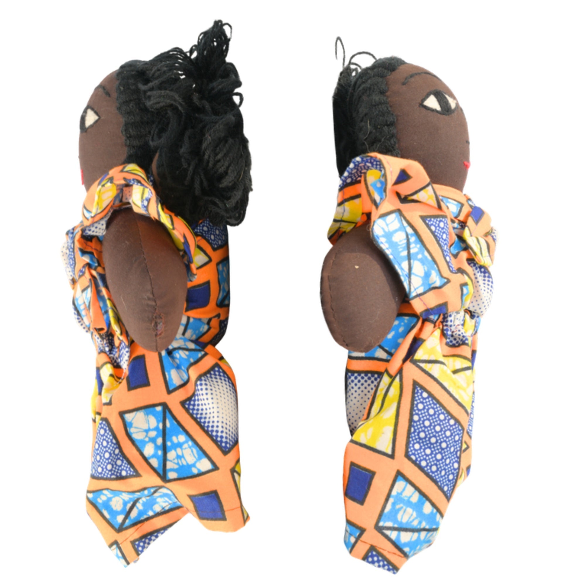 Gold African fabric doll back and side view – 10-inch handmade Ghanaian artisan collectible. African Delights. #Color_Gold