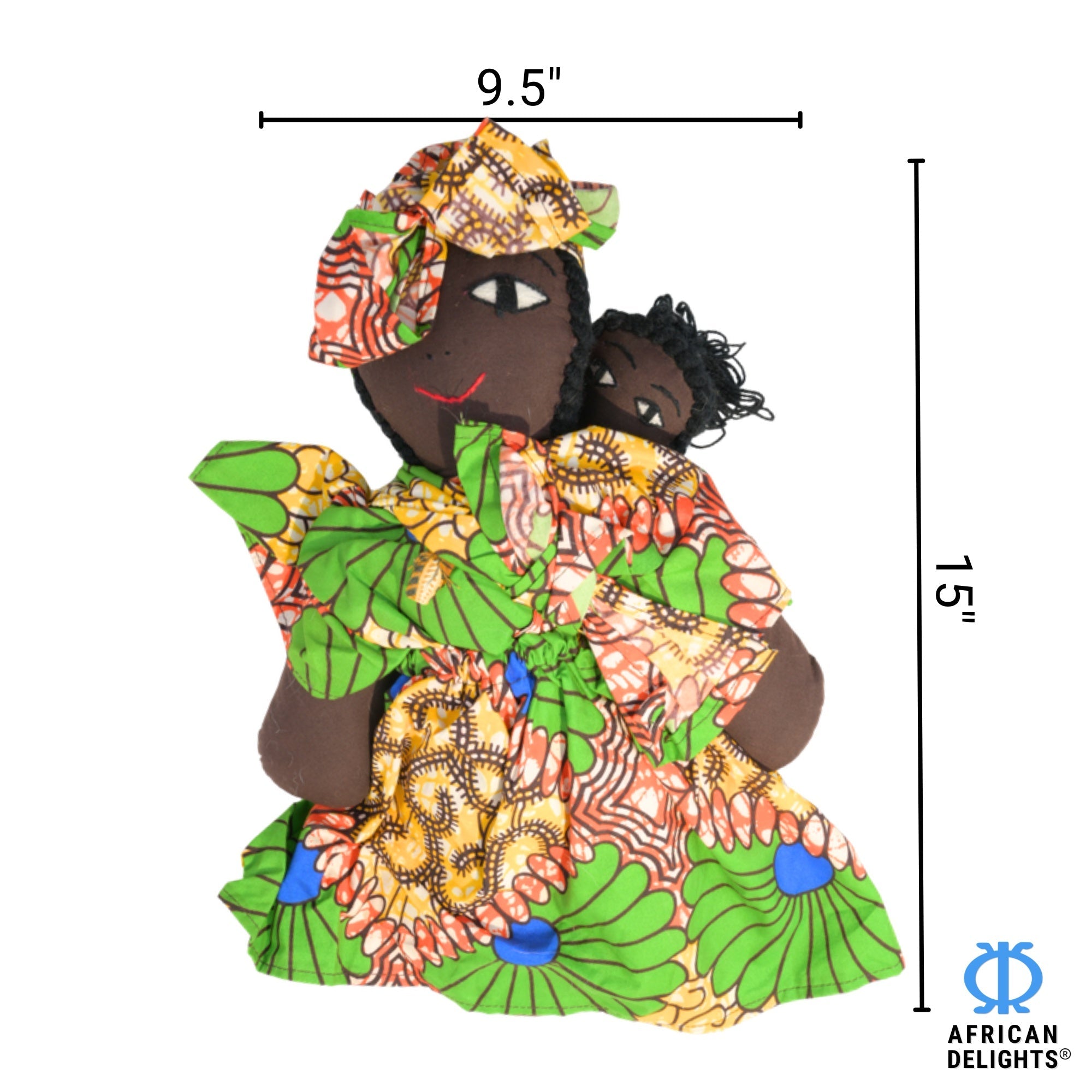 Green African fabric doll size guide – 15-inch handmade Ghanaian collectible figurine. African Delights. #Color_Green