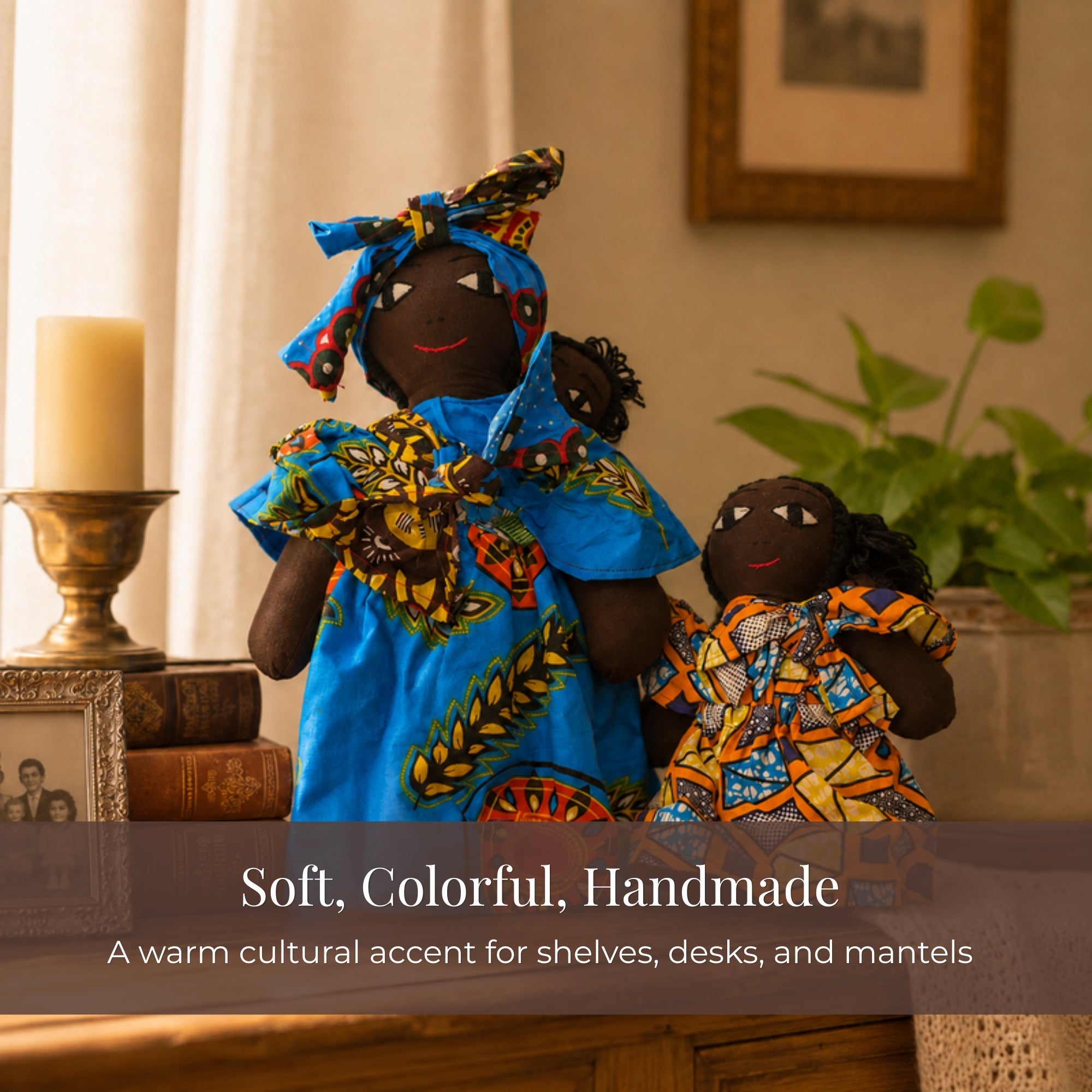 Soft colorful handmade African doll – cultural accent for shelves, desks and mantels. African Delights.