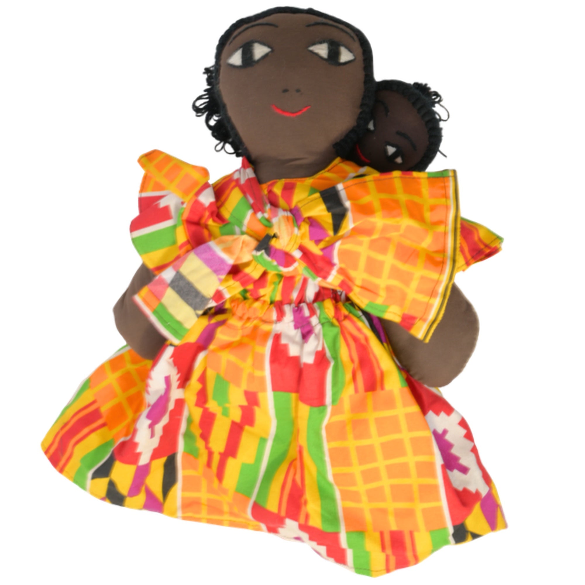 Kente Handmade African Fabric Doll with Baby – 15-inch Ghanaian artisan collectible, mother and baby in traditional wrap. African Delights. #Color_Kente
