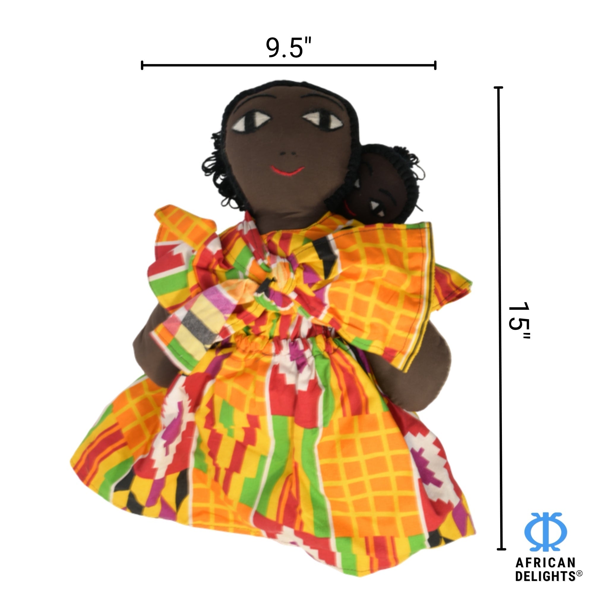 Kente African fabric doll size guide – 15-inch handmade Ghanaian collectible figurine. African Delights. #Color_Kente