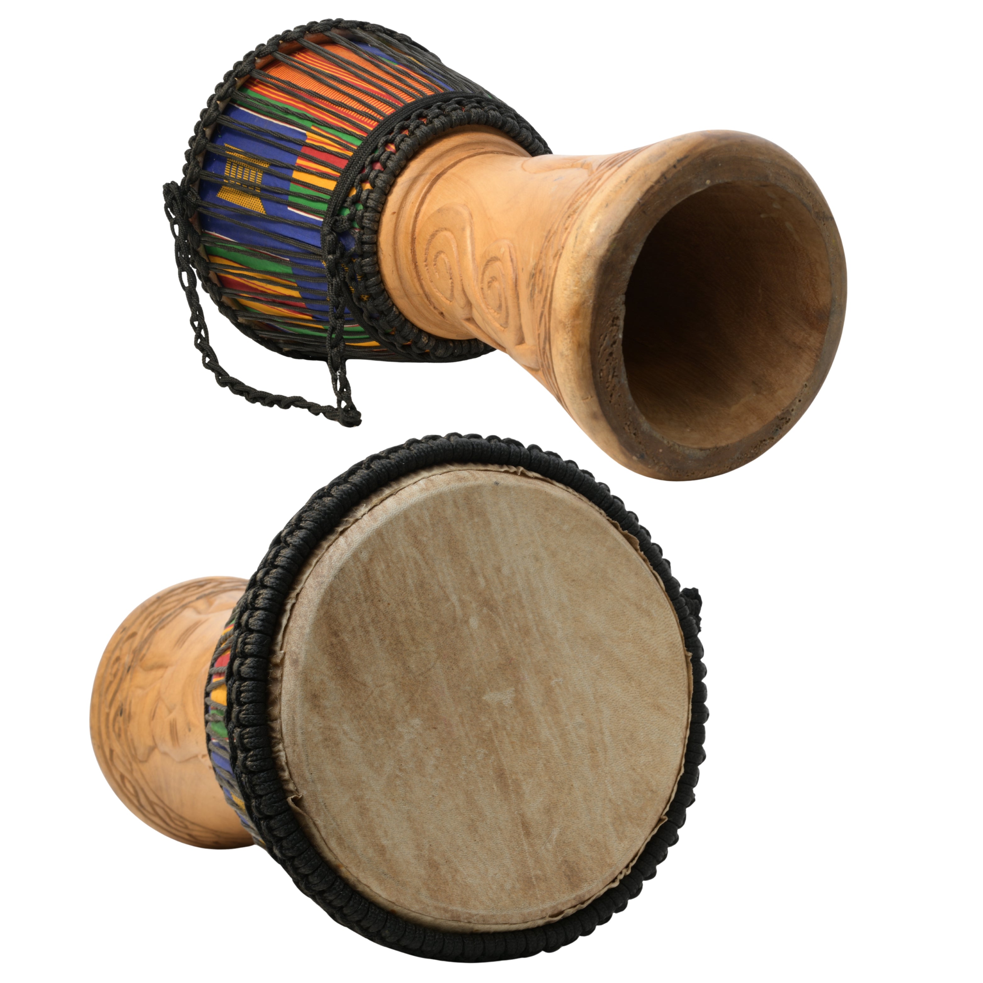 Brown with Elephant and Dwennimmen large djembe side, drumhead, rope tuning and open-base detail # color_Brown with Elephant and Dwennimmen