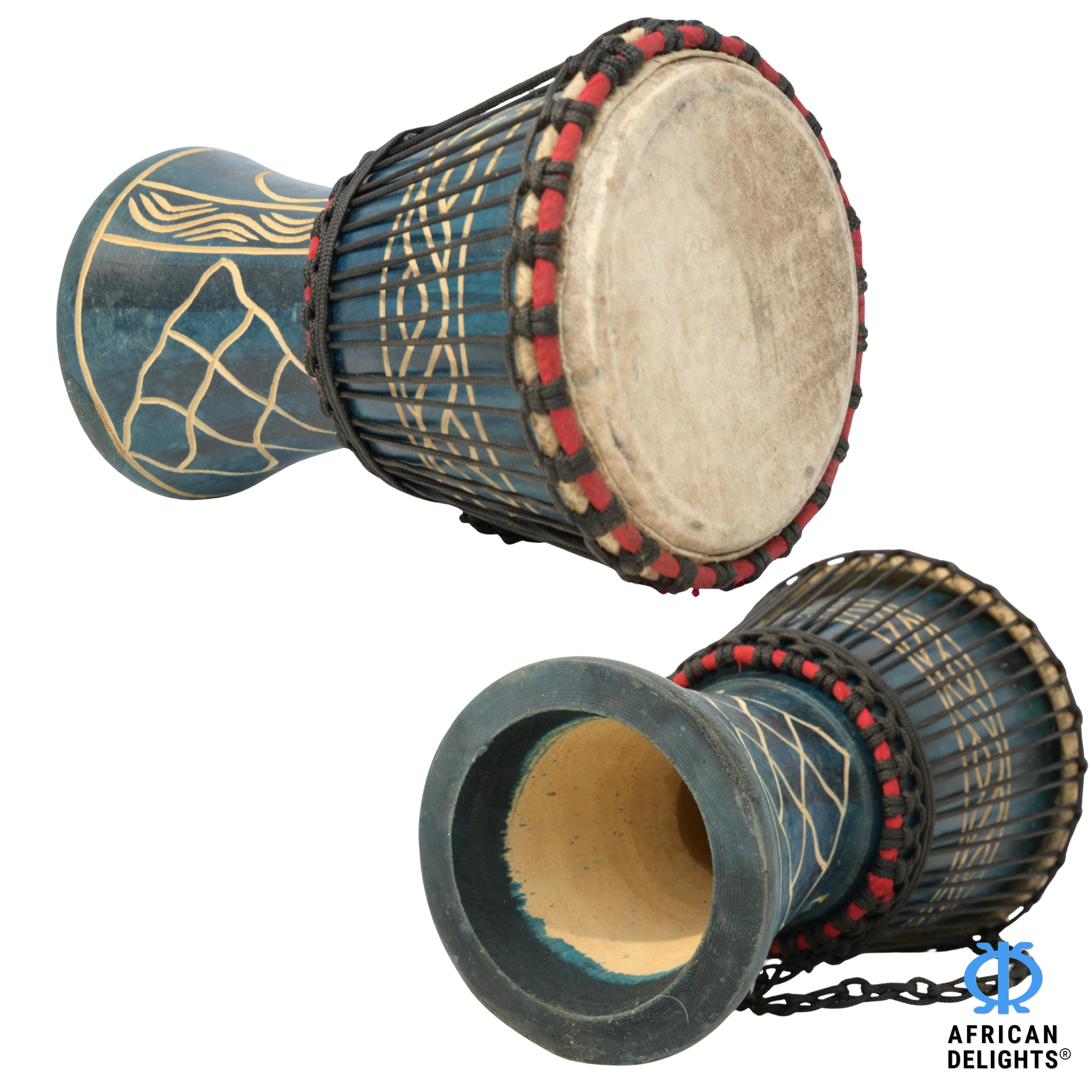 Blue with Akoma and Ani Bere A Enso Gya medium djembe drum side and back view, hand-carved hardwood and goat-skin head # color_Blue with Akoma and Ani Bere A Enso Gya