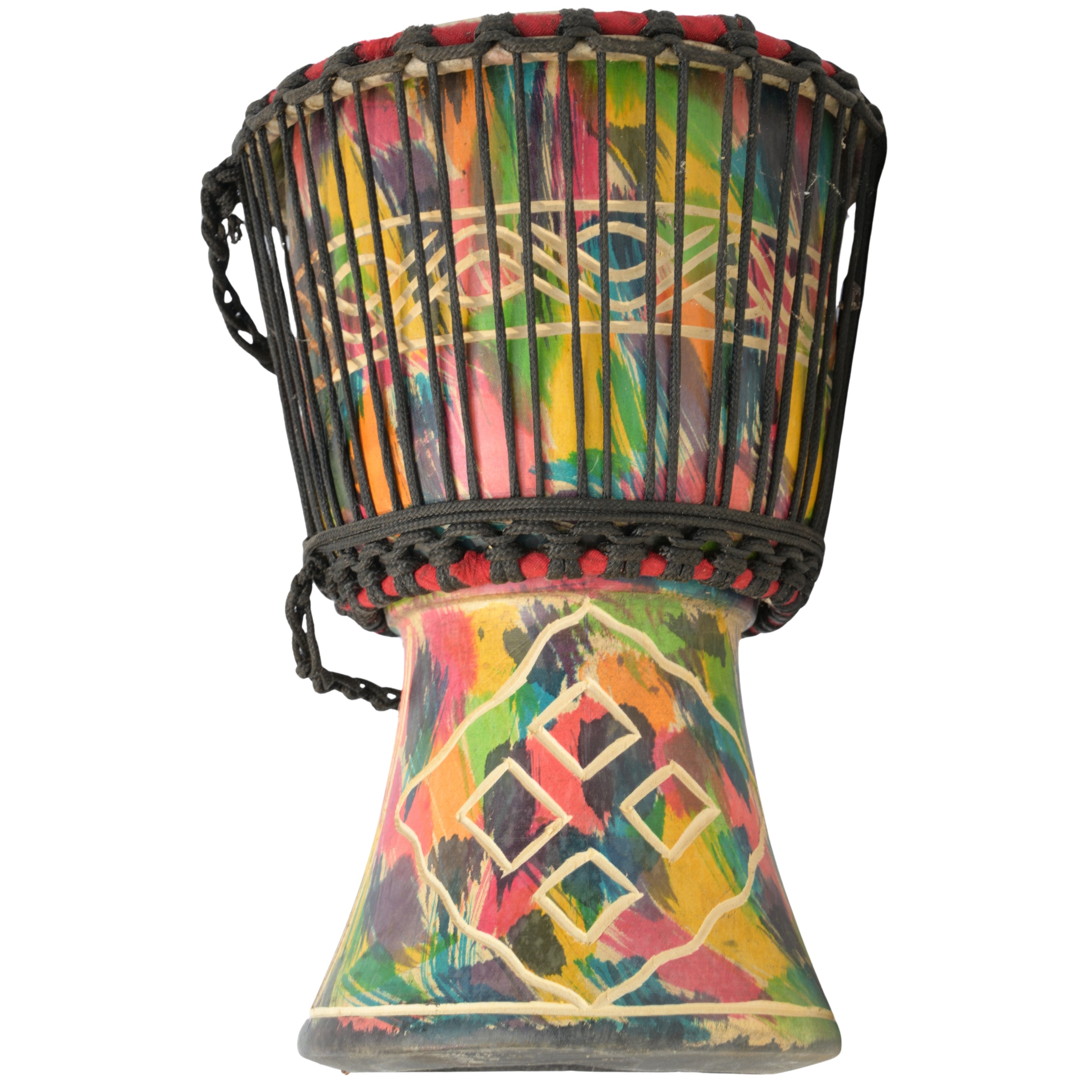 Medium Ghana djembe with Eban and Kramo Bone Amma Yeanhu Kramo Pa Adinkra symbols of safety and discernment # color_Multicolor with Eban and Kramo Bone Amma Yeanhu Kramo Pa