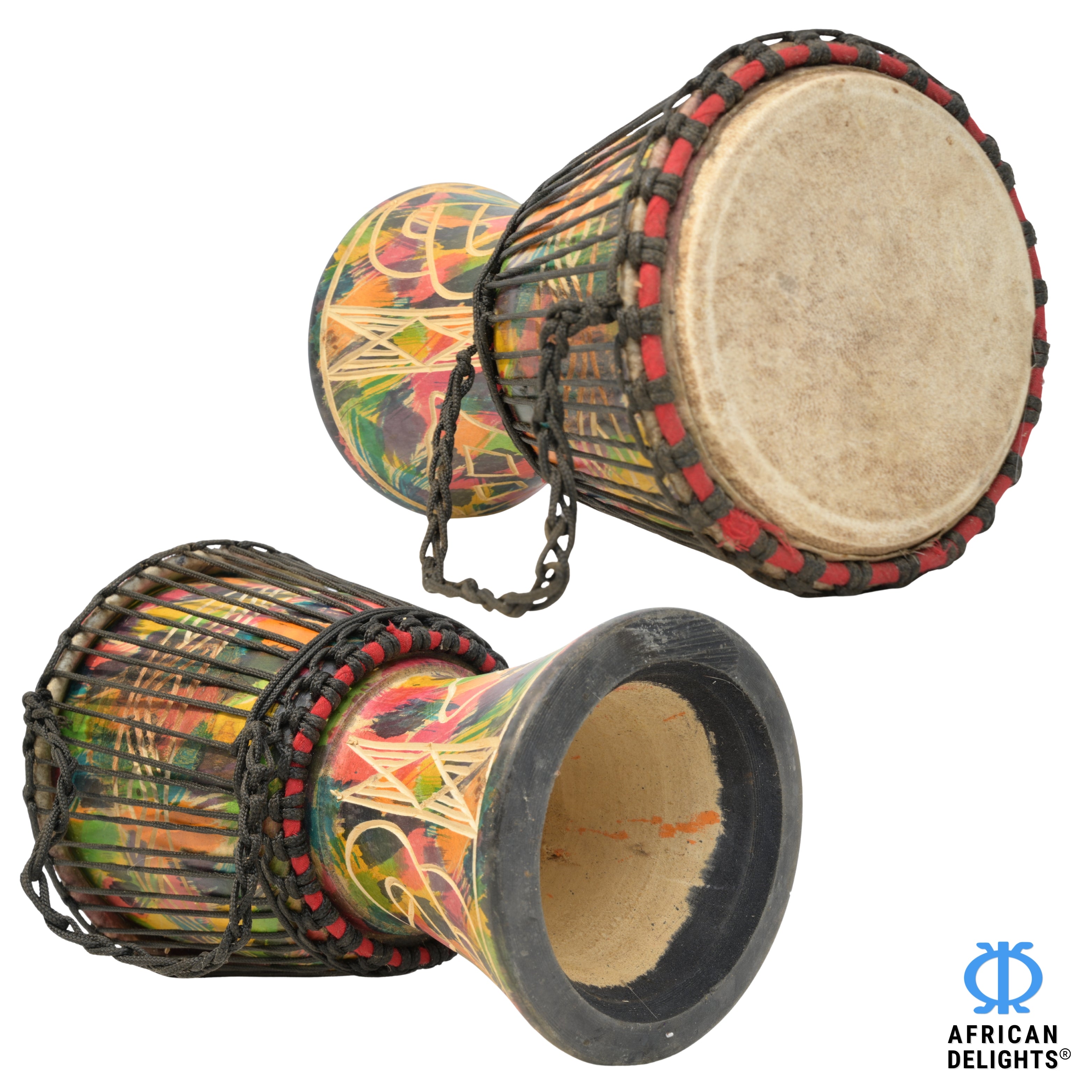 Multicolor with Eban and Kramo Bone Amma Yeanhu Kramo Pa medium djembe drum side and back view, hand-carved hardwood and goat-skin head # color_Multicolor with Eban and Kramo Bone Amma Yeanhu Kramo Pa
