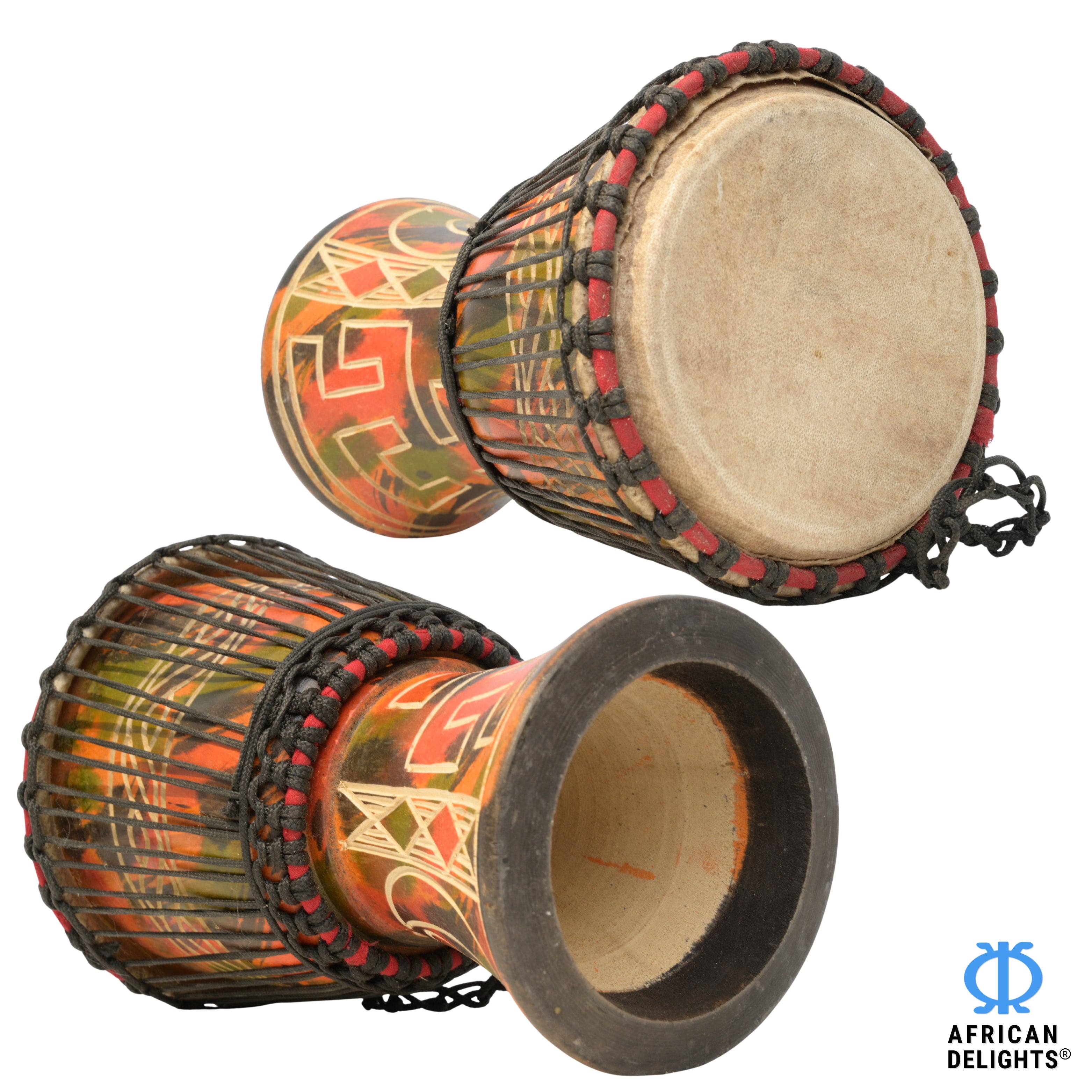 Multicolor with Gye Nyame and Hwehwemudua medium djembe drum side and back view, hand-carved hardwood and goat-skin head # color_Multicolor with Gye Nyame and Hwehwemudua