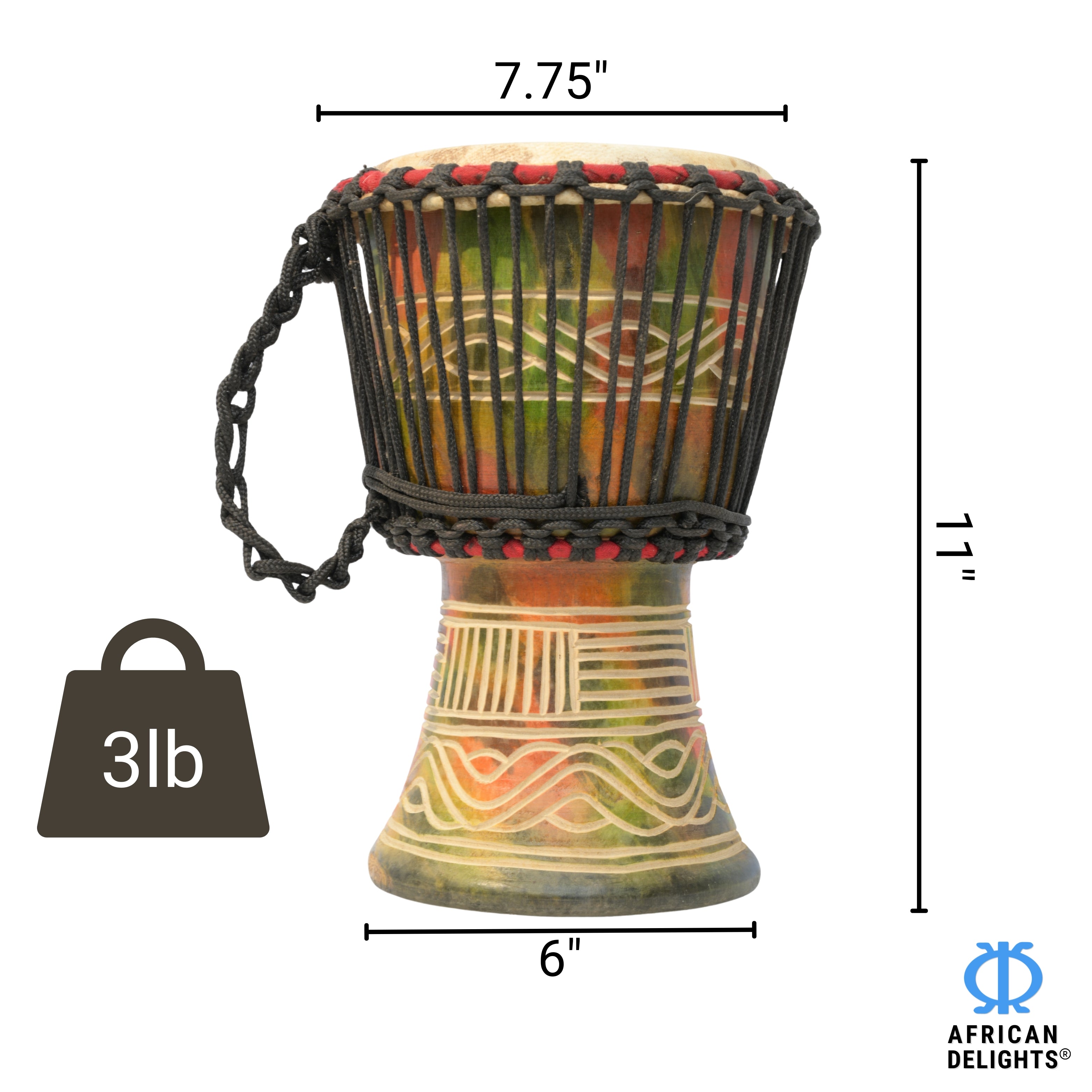 Multicolor with Wave Etching medium djembe drum size and dimensions – 7.75" goat-skin head, 11" tall, 3 lb # color_Multicolor with Wave Etching