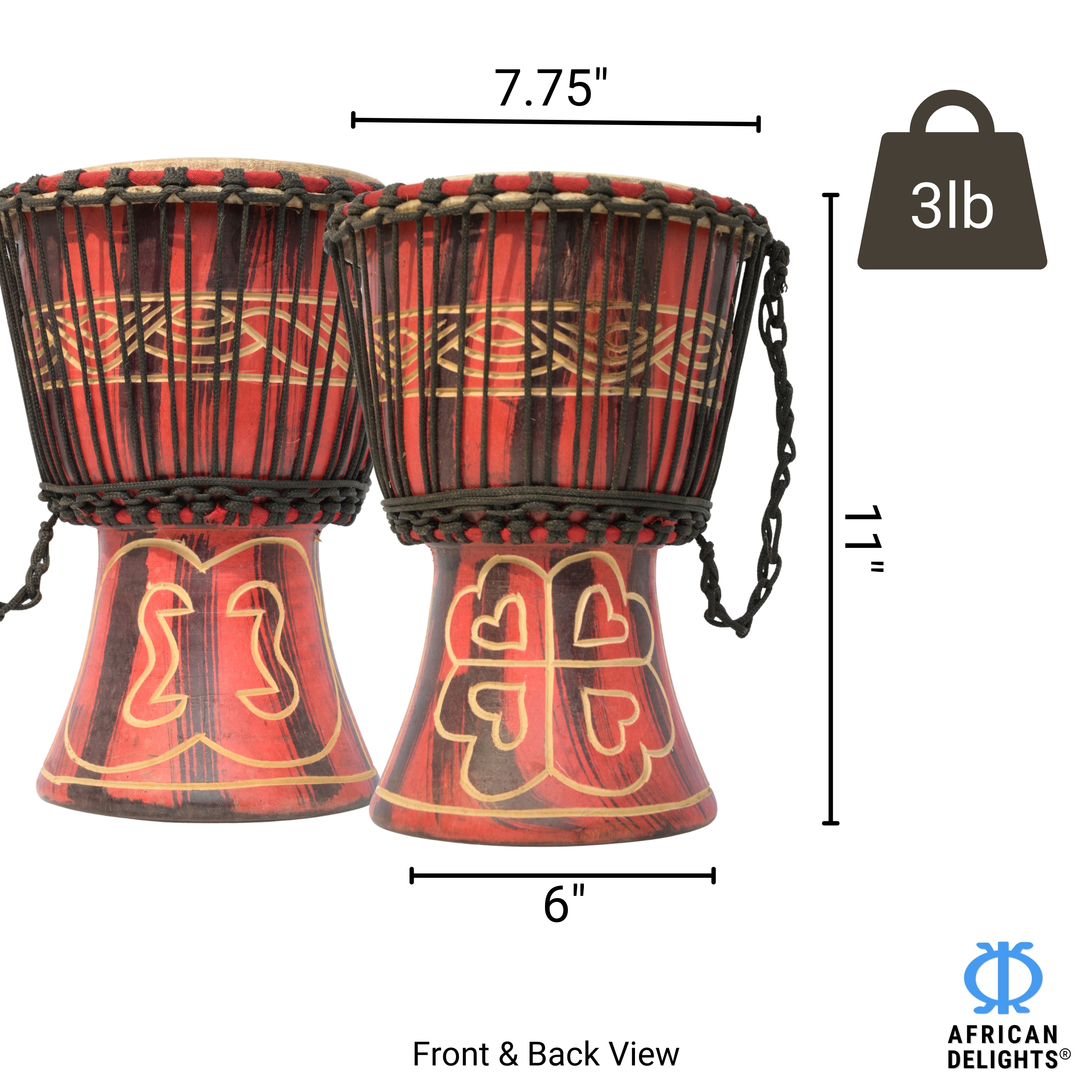 Red with Nyame Dua and Hye Wo Nhye medium djembe drum size and dimensions – 7.75" goat-skin head, 11" tall, 3 lb # color_Red with Nyame Dua and Hye Wo Nhye