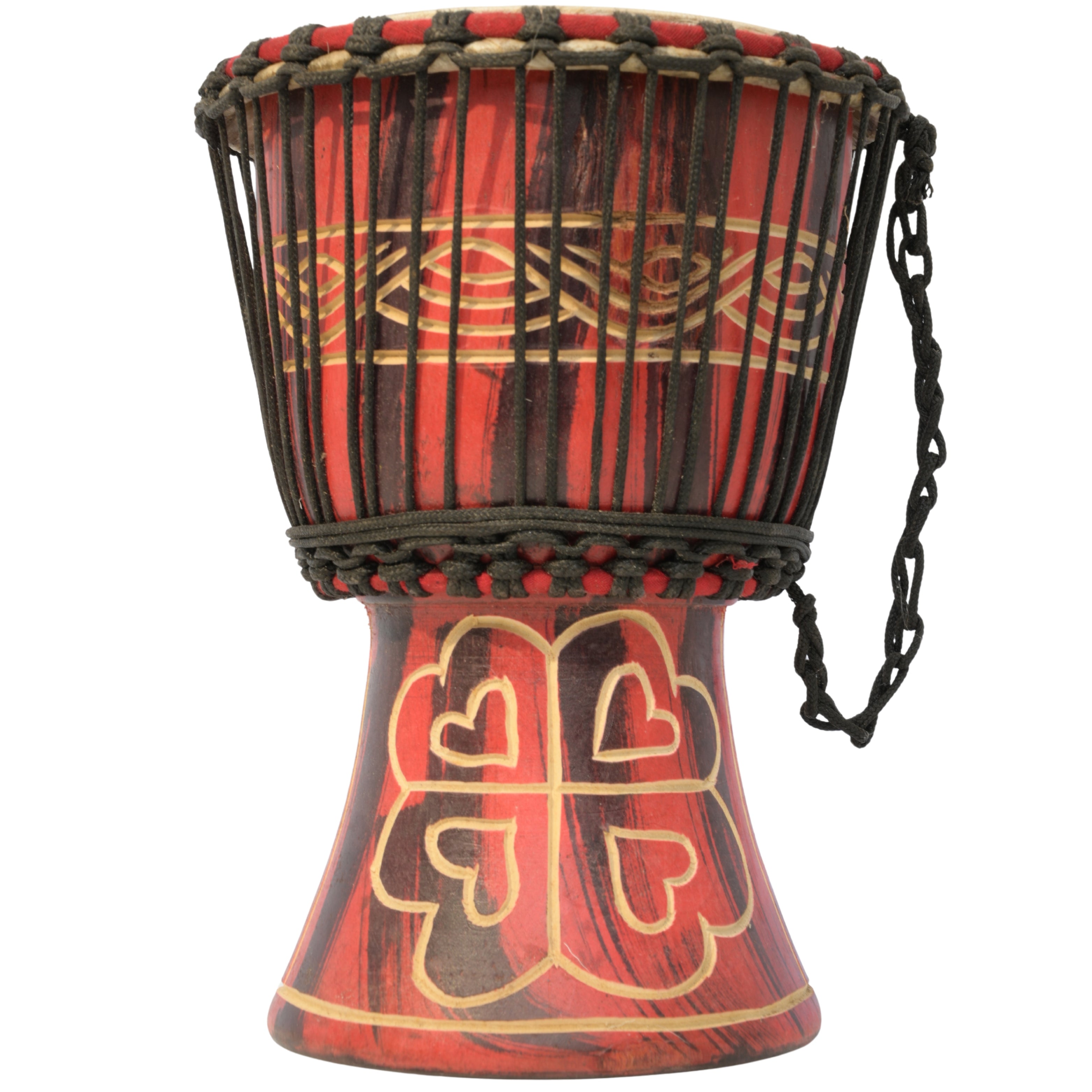 Medium Ghana djembe with Nyame Dua and Hye Wo Nhye Adinkra symbols representing protection and permanence # color_Red with Nyame Dua and Hye Wo Nhye