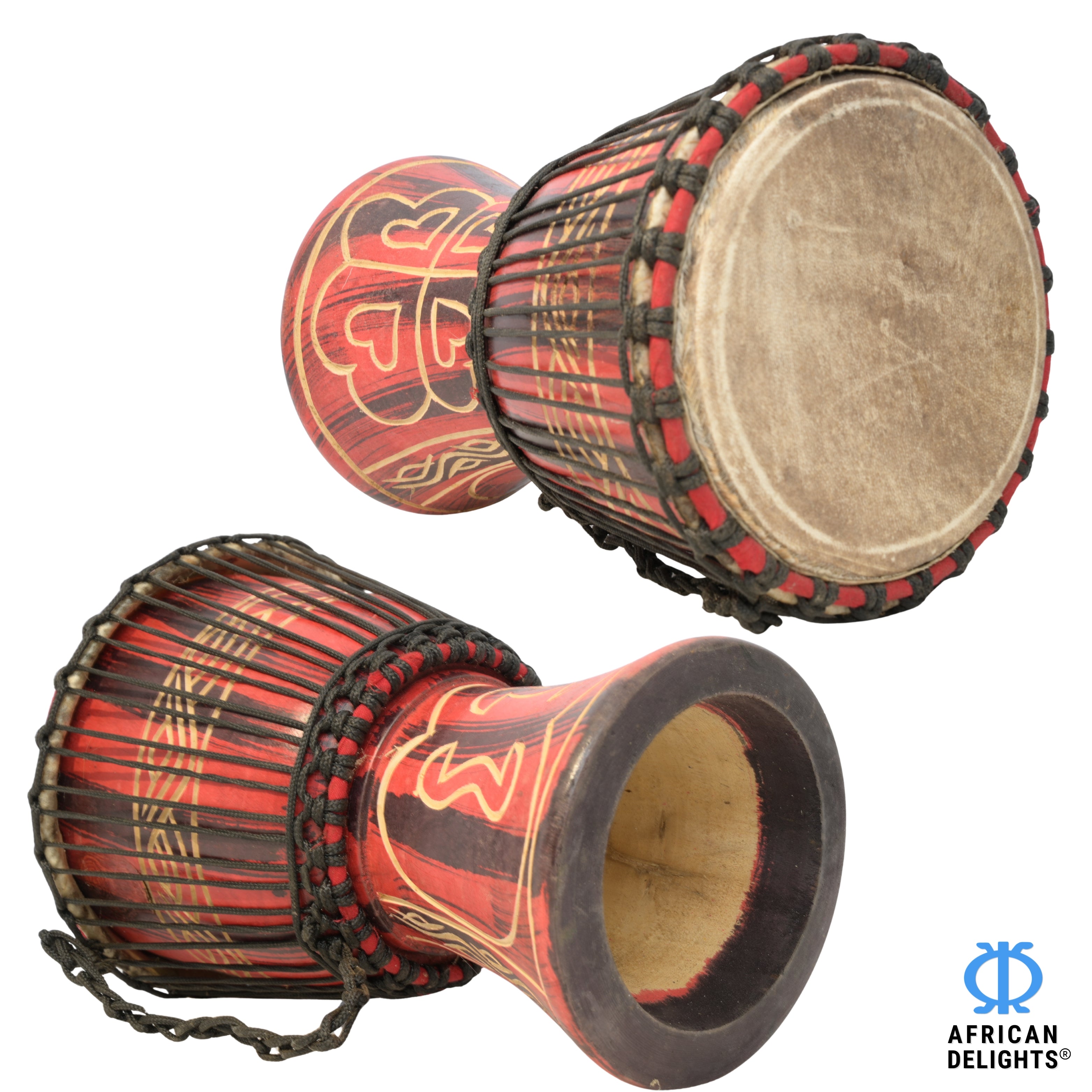 Red with Nyame Dua and Hye Wo Nhye medium djembe drum side and back view, hand-carved hardwood and goat-skin head # color_Red with Nyame Dua and Hye Wo Nhye