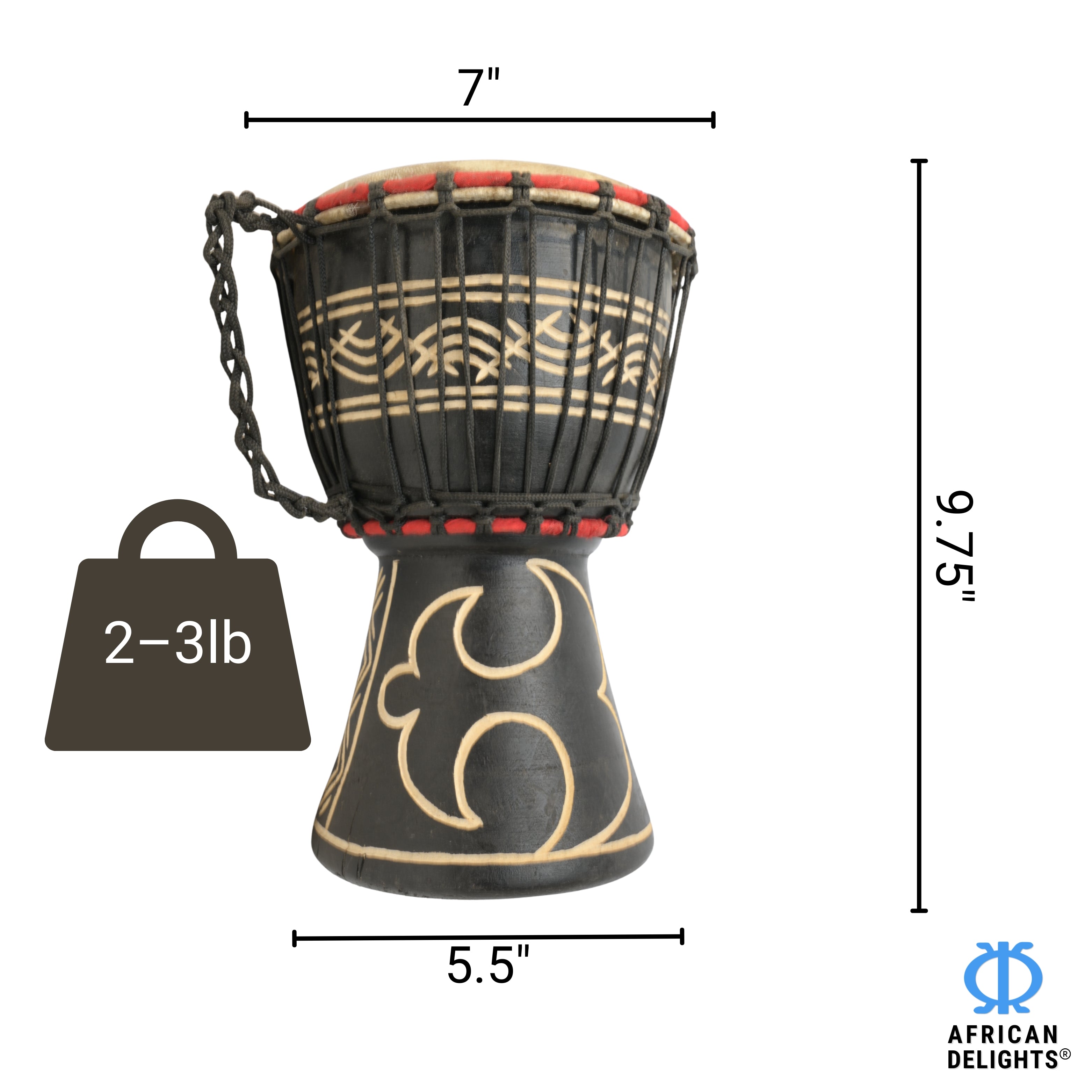 Black with Akoko Nan etching medium-small djembe drum size and dimensions – 7" goat-skin head, 9.75" tall, 2–3 lb # color_Black with Akoko Nan etching