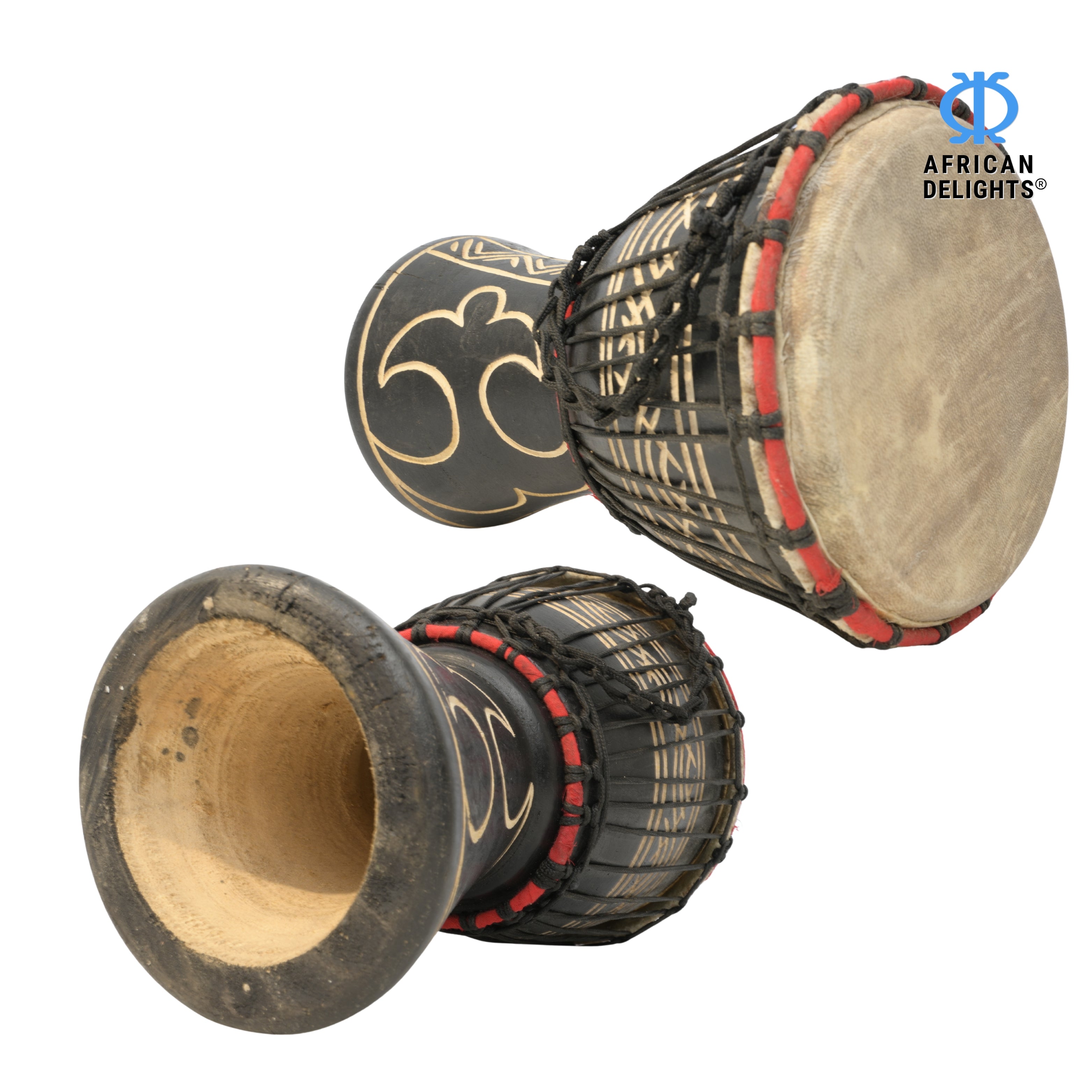 Black with Akoko Nan etching medium-small djembe drum side and back view, hand-carved hardwood and goat-skin head # color_Black with Akoko Nan etching