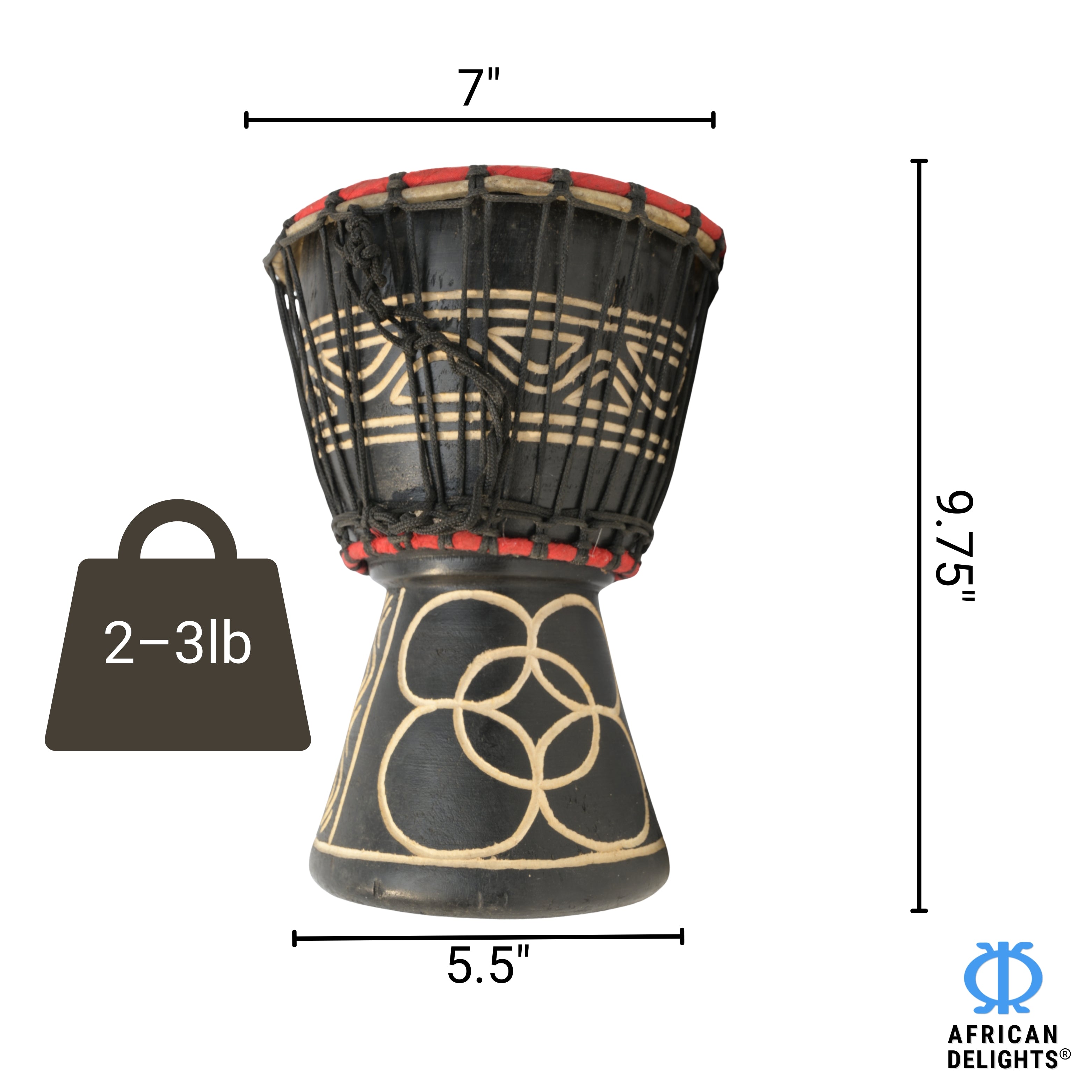 Black with Mpuannum etching medium-small djembe drum size and dimensions – 7" goat-skin head, 9.75" tall, 2–3 lb # color_Black with Mpuannum etching