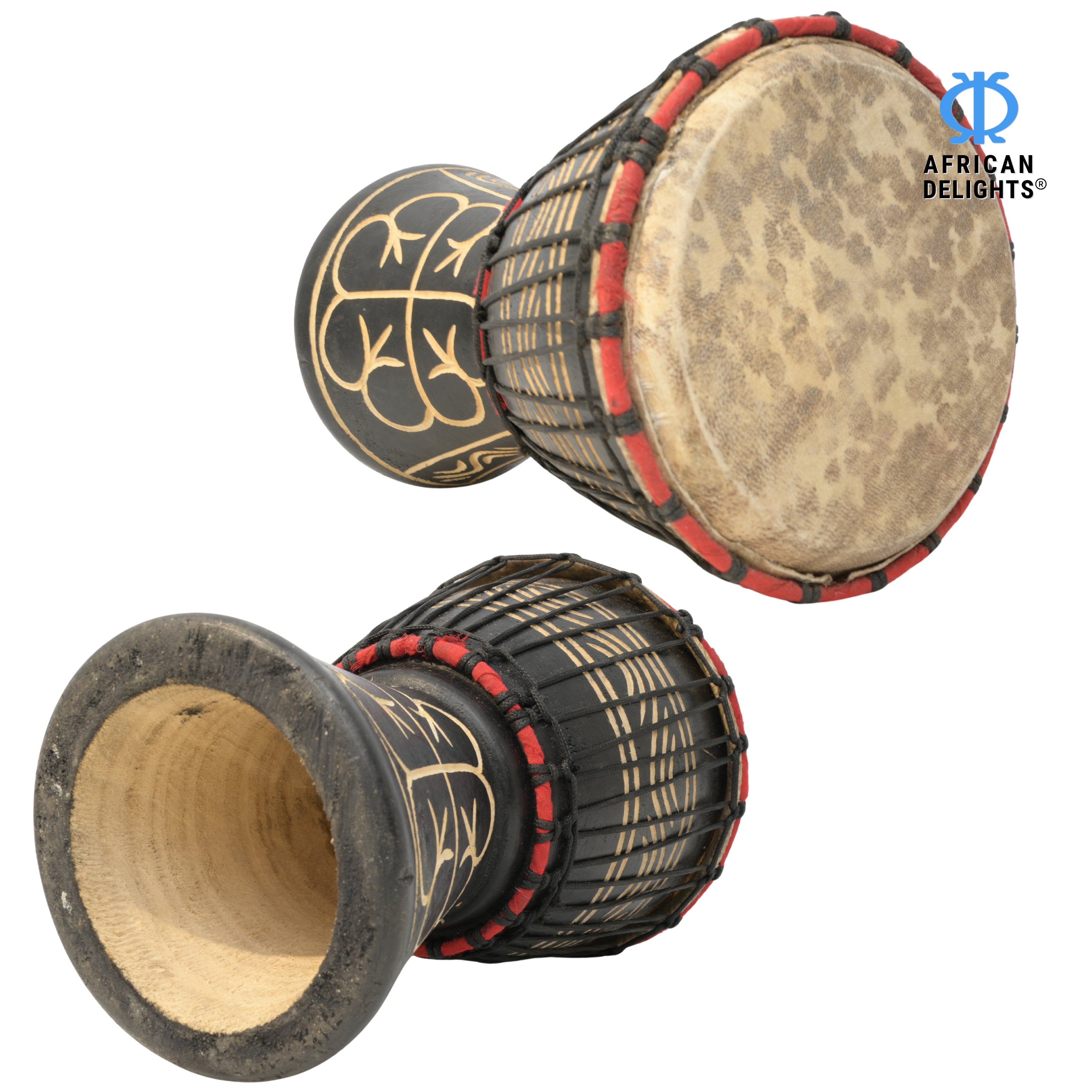 Black with Nyame Dua etching medium-small djembe drum side and back view, hand-carved hardwood and goat-skin head # color_Black with Nyame Dua etching