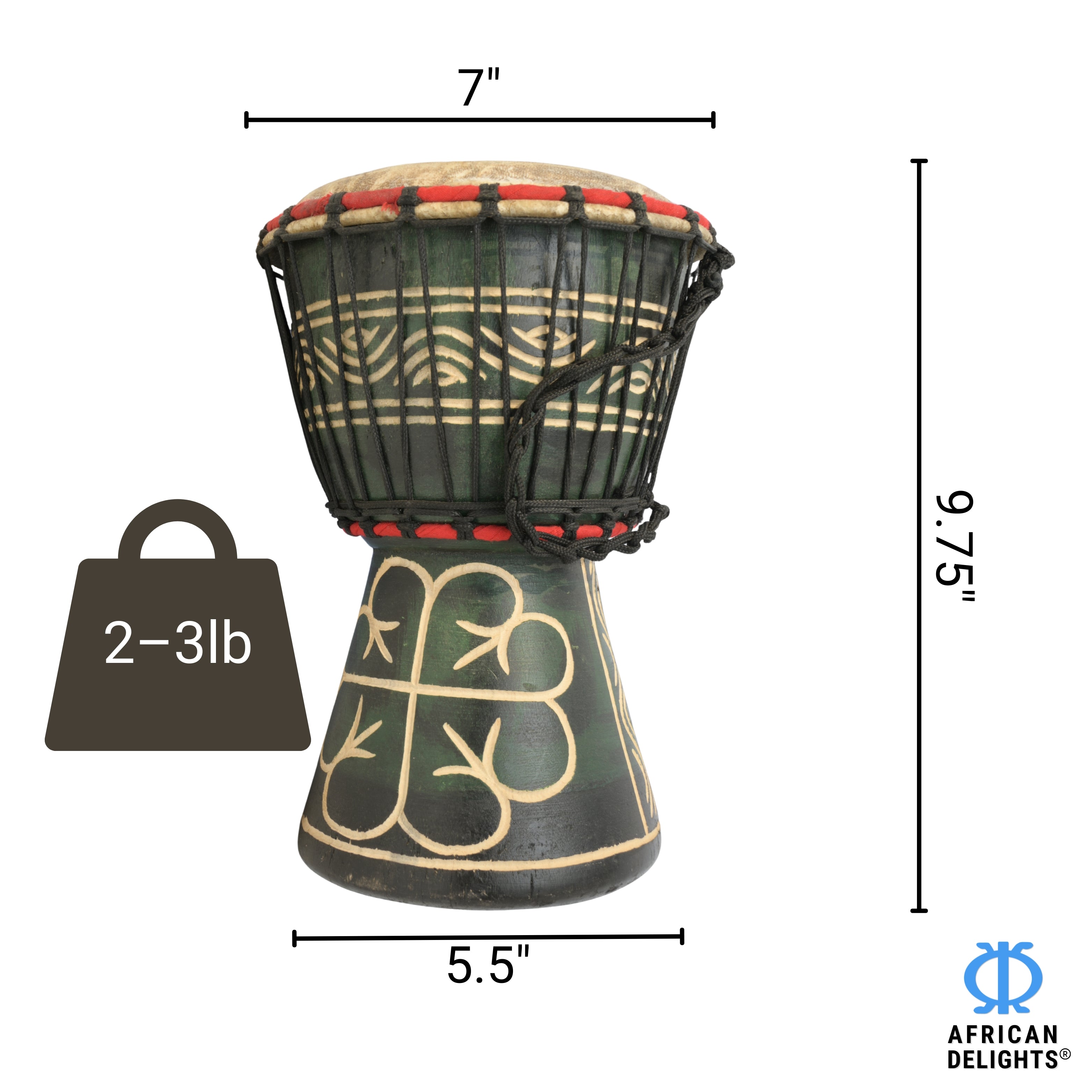 Black with Nyame Dua etching 2 medium-small djembe drum size and dimensions – 7" goat-skin head, 9.75" tall, 2–3 lb # color_Black with Nyame Dua etching 2