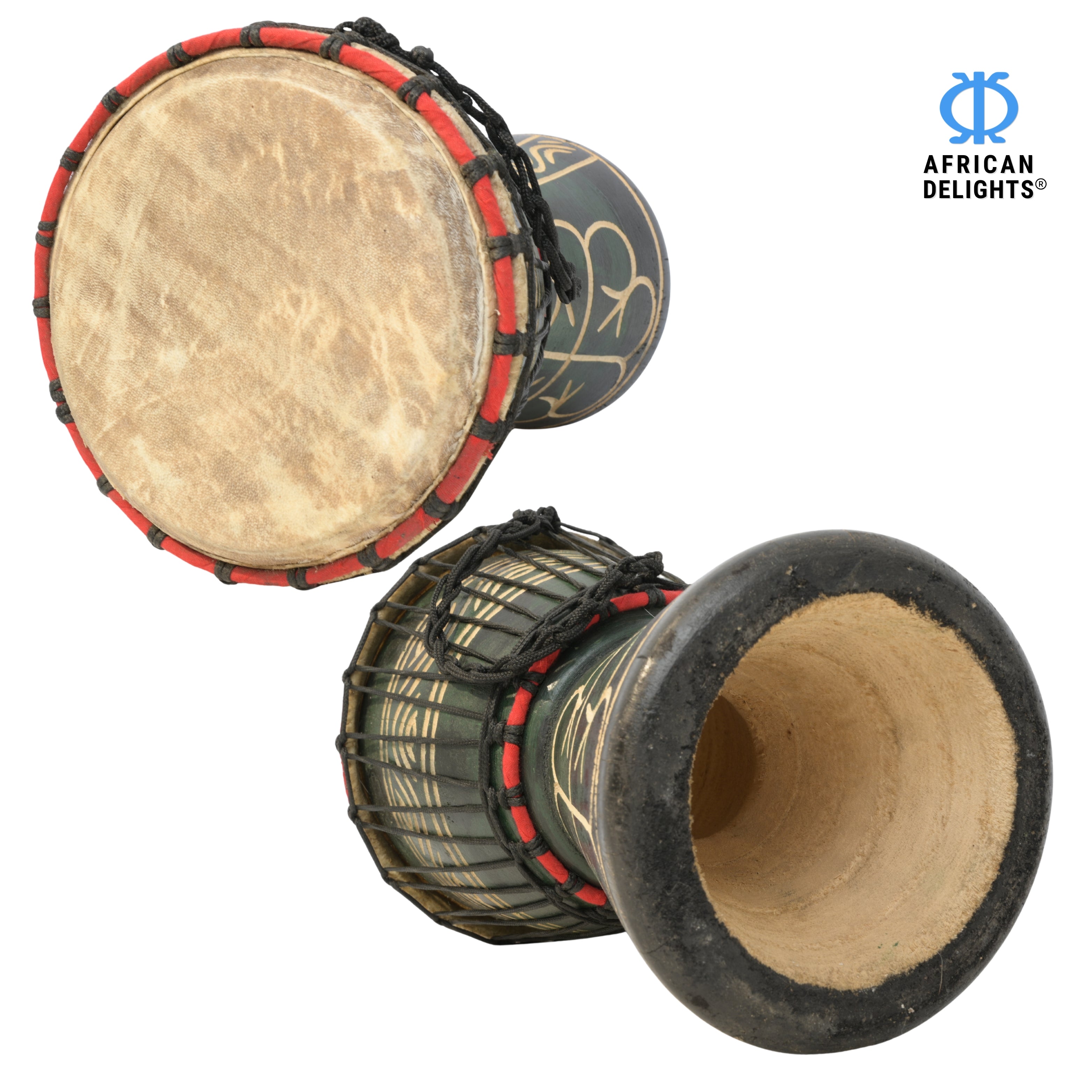 Black with Nyame Dua etching 2 medium-small djembe drum side and back view, hand-carved hardwood and goat-skin head # color_Black with Nyame Dua etching 2