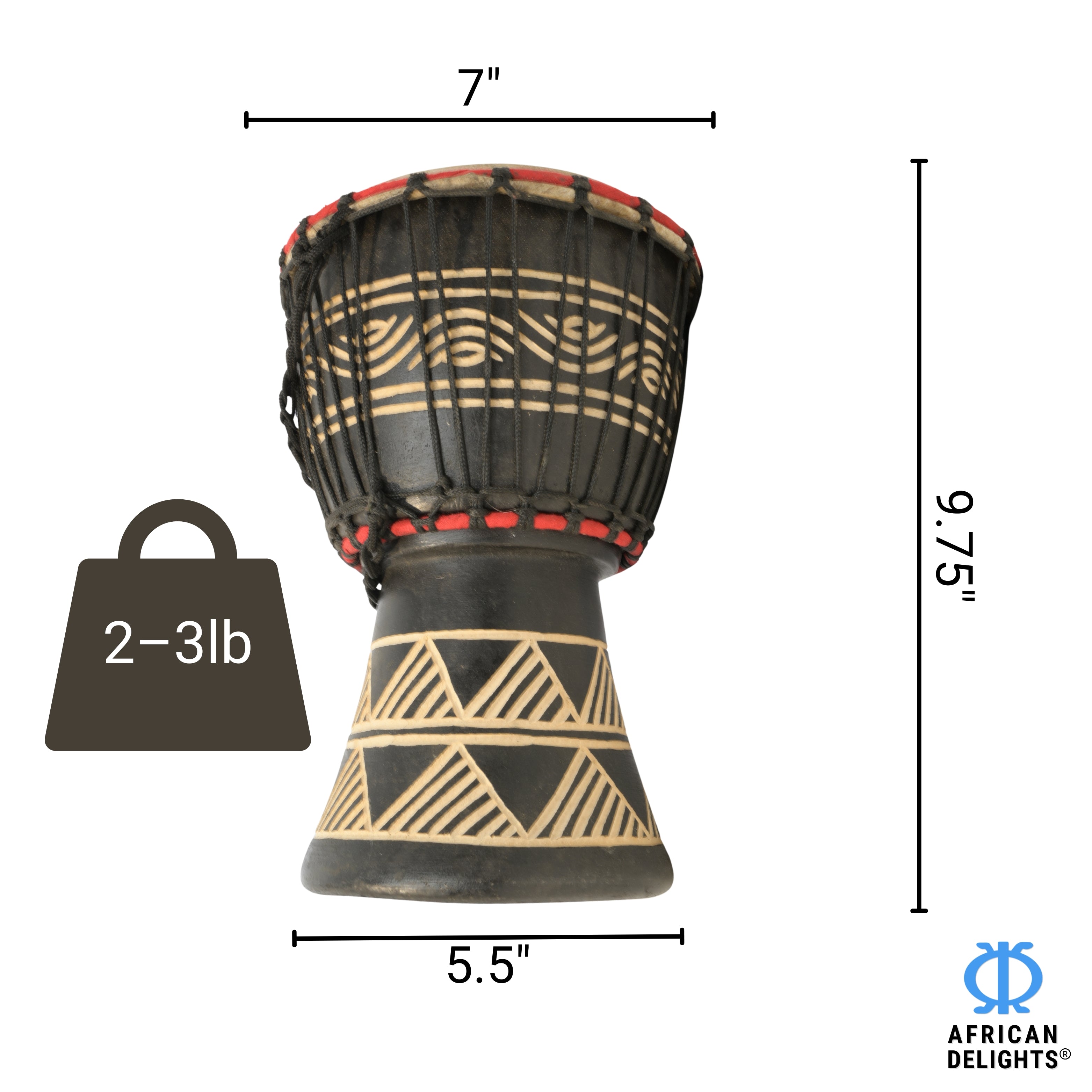 Black with triangle etching medium-small djembe drum size and dimensions – 7" goat-skin head, 9.75" tall, 2–3 lb # color_Black with triangle etching