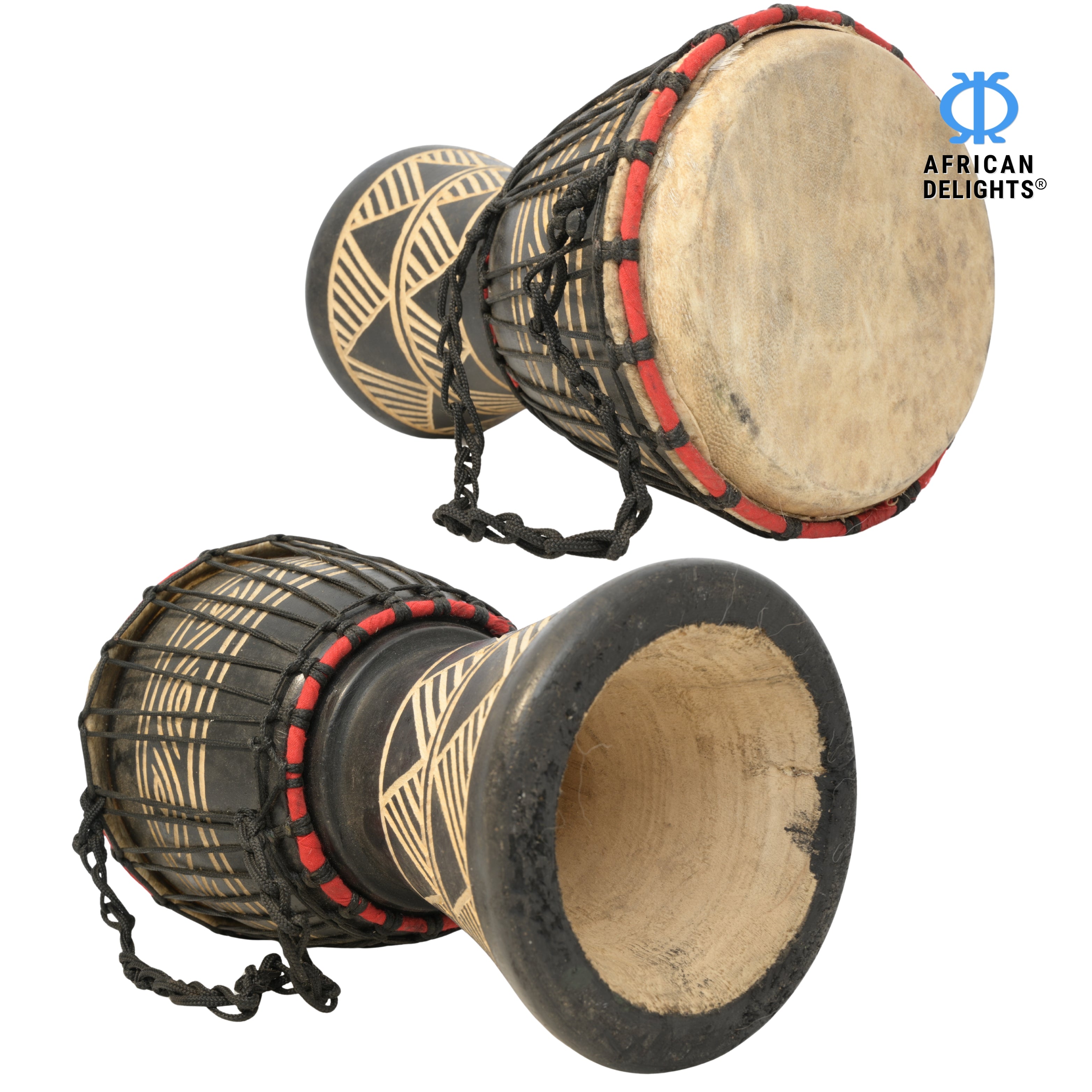 Black with triangle etching medium-small djembe drum side and back view, hand-carved hardwood and goat-skin head # color_Black with triangle etching
