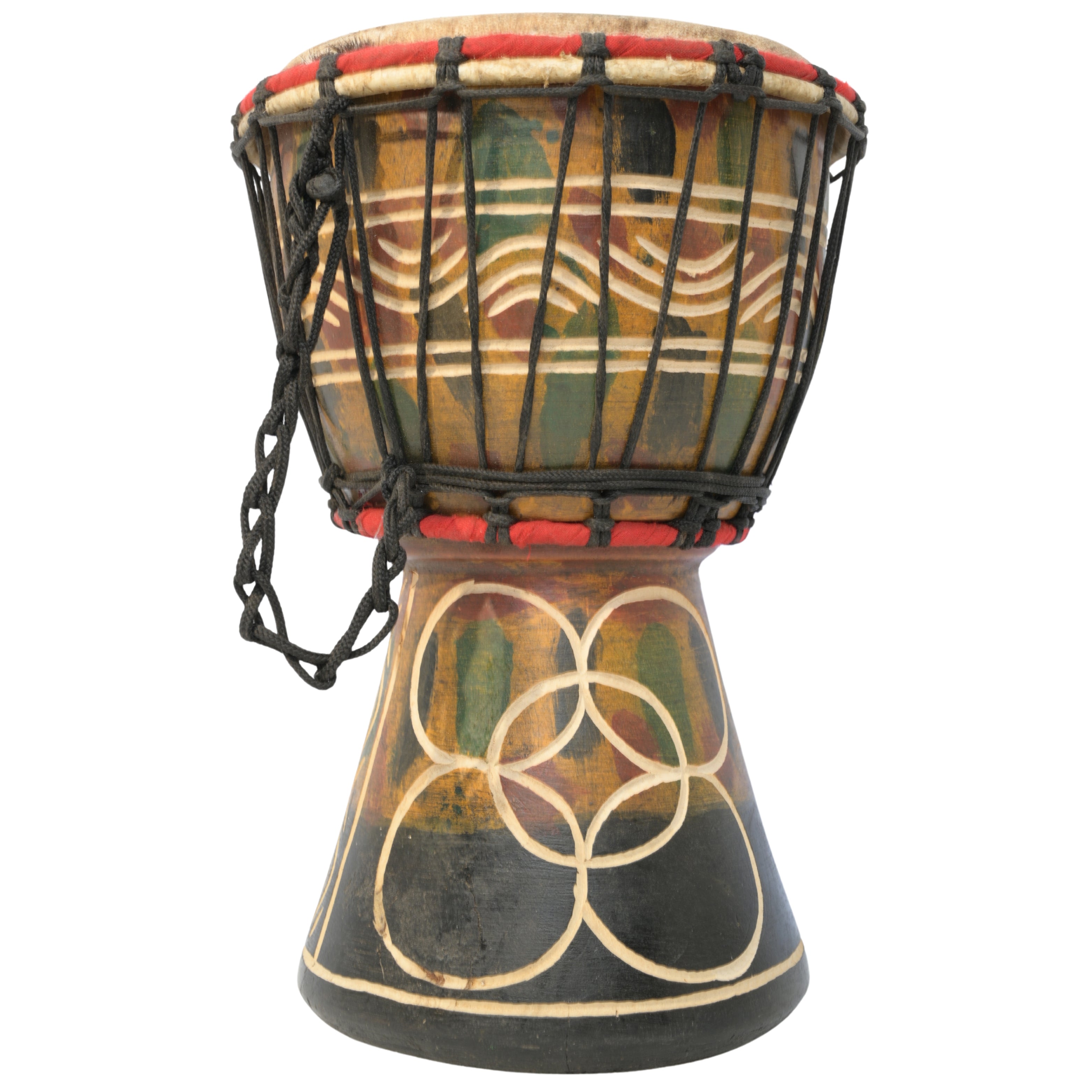 Medium-Small Ghana djembe variation named Mpuannum, an Adinkra symbol associated with loyalty and priestly office #Color_Multicolor with Mpuannum etching