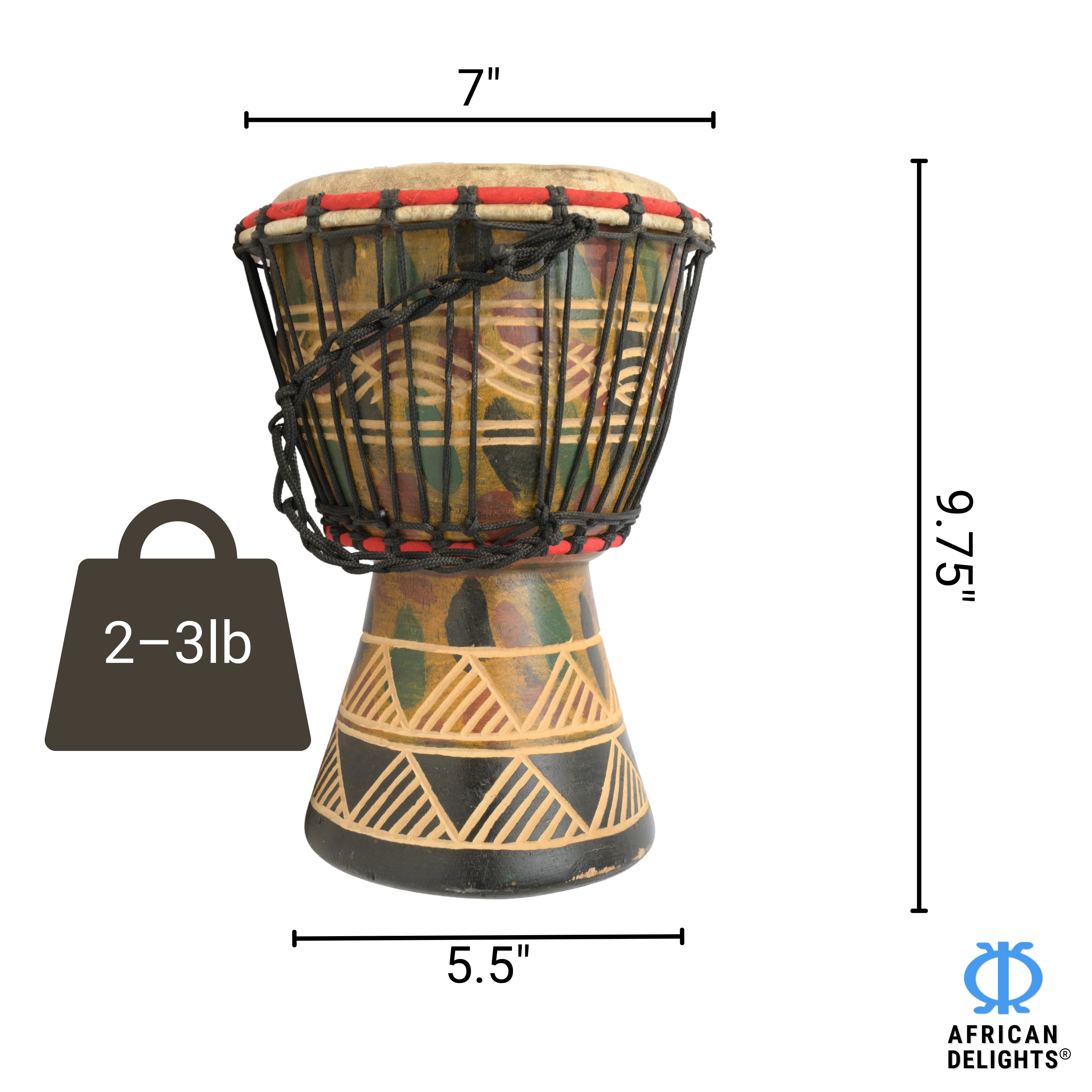 Multicolor with triangle etching medium-small djembe drum size and dimensions – 7" goat-skin head, 9.75" tall, 2–3 lb # color_Multicolor with triangle etching