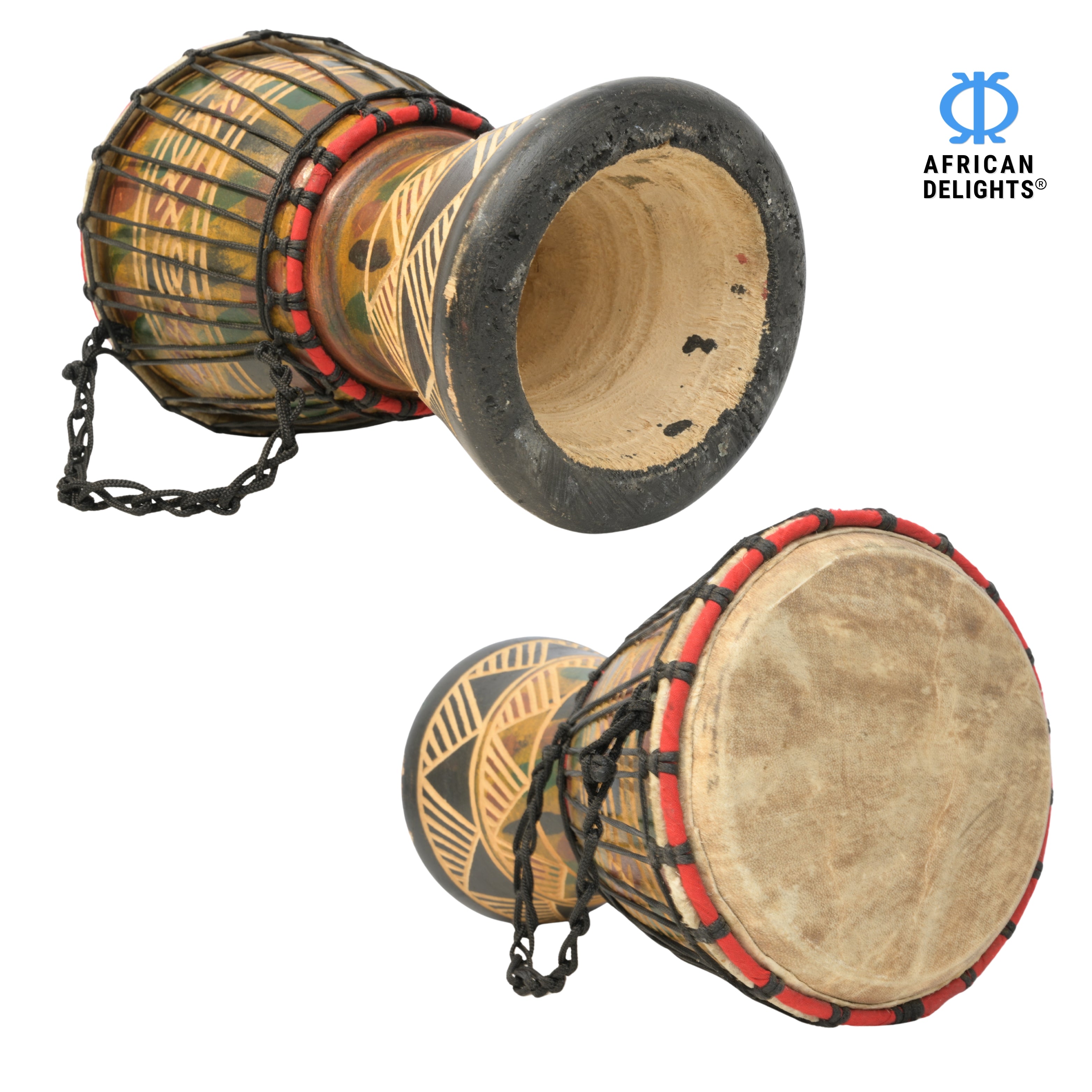 Multicolor with triangle etching medium-small djembe drum side and back view, hand-carved hardwood and goat-skin head # color_Multicolor with triangle etching