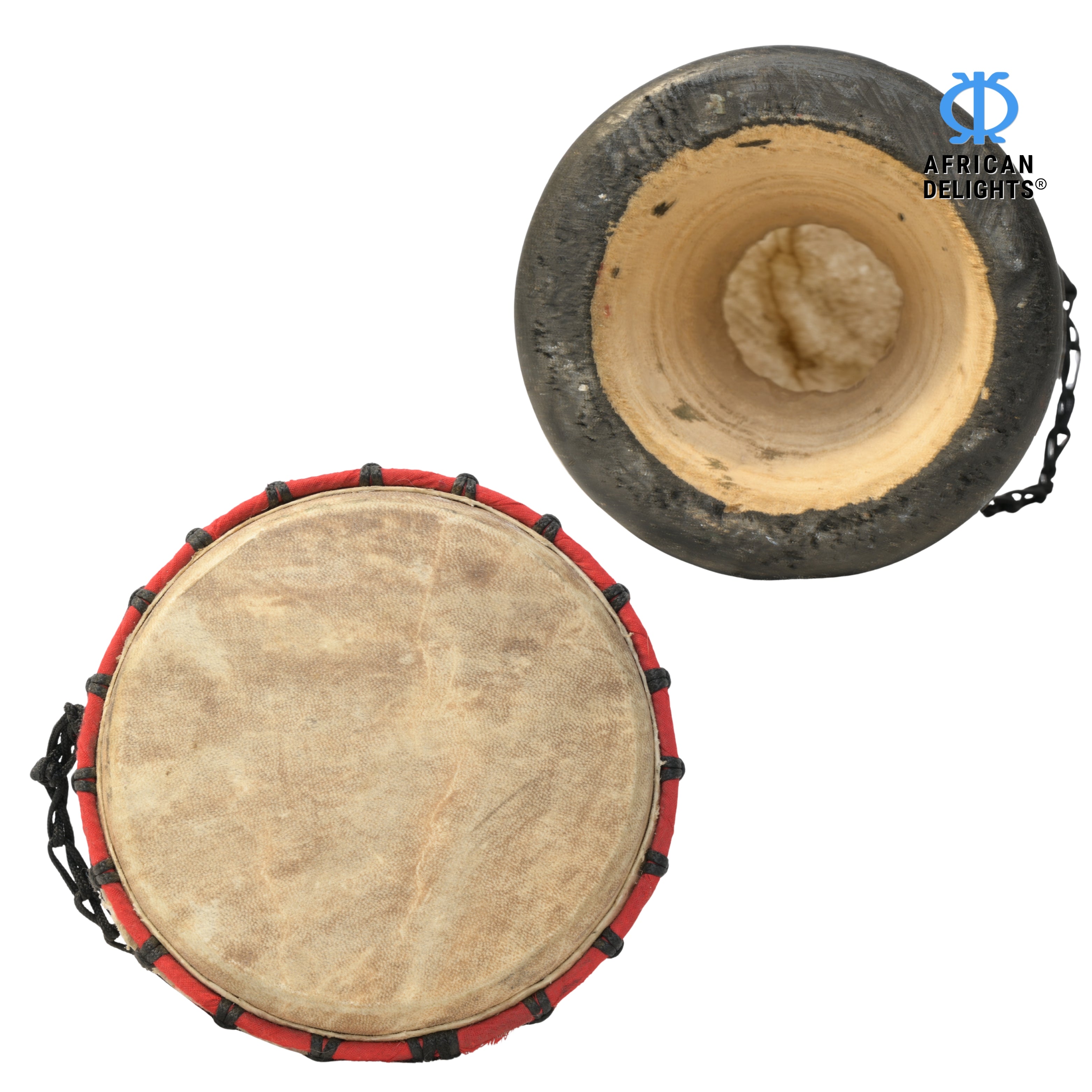 Multicolor with triangle etching 2 medium-small djembe drum side and back view, hand-carved hardwood and goat-skin head # color_Multicolor with triangle etching 2
