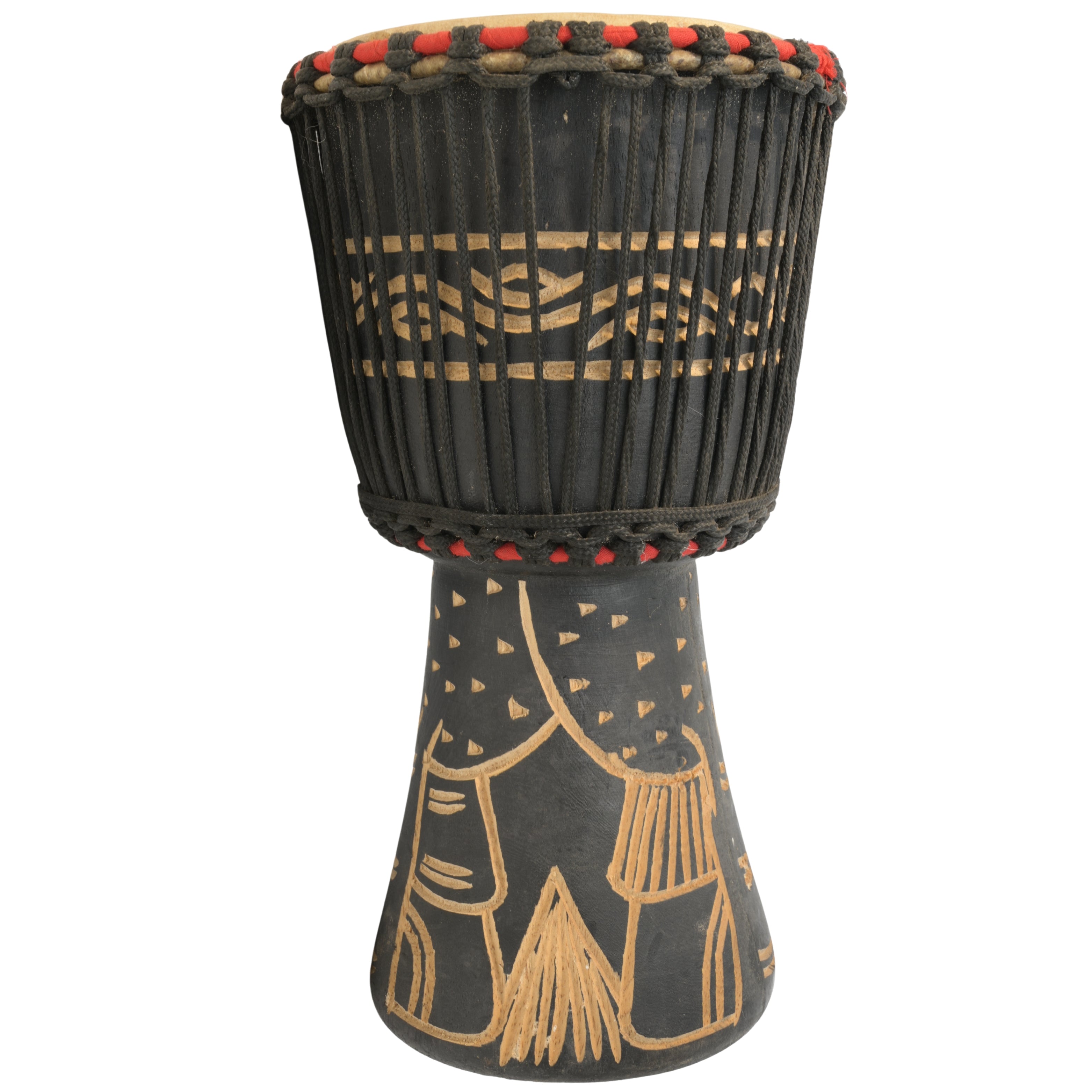 Black with Village medium-large Ghana djembe, hand-carved, natural goat-skin head # color_Black with Village