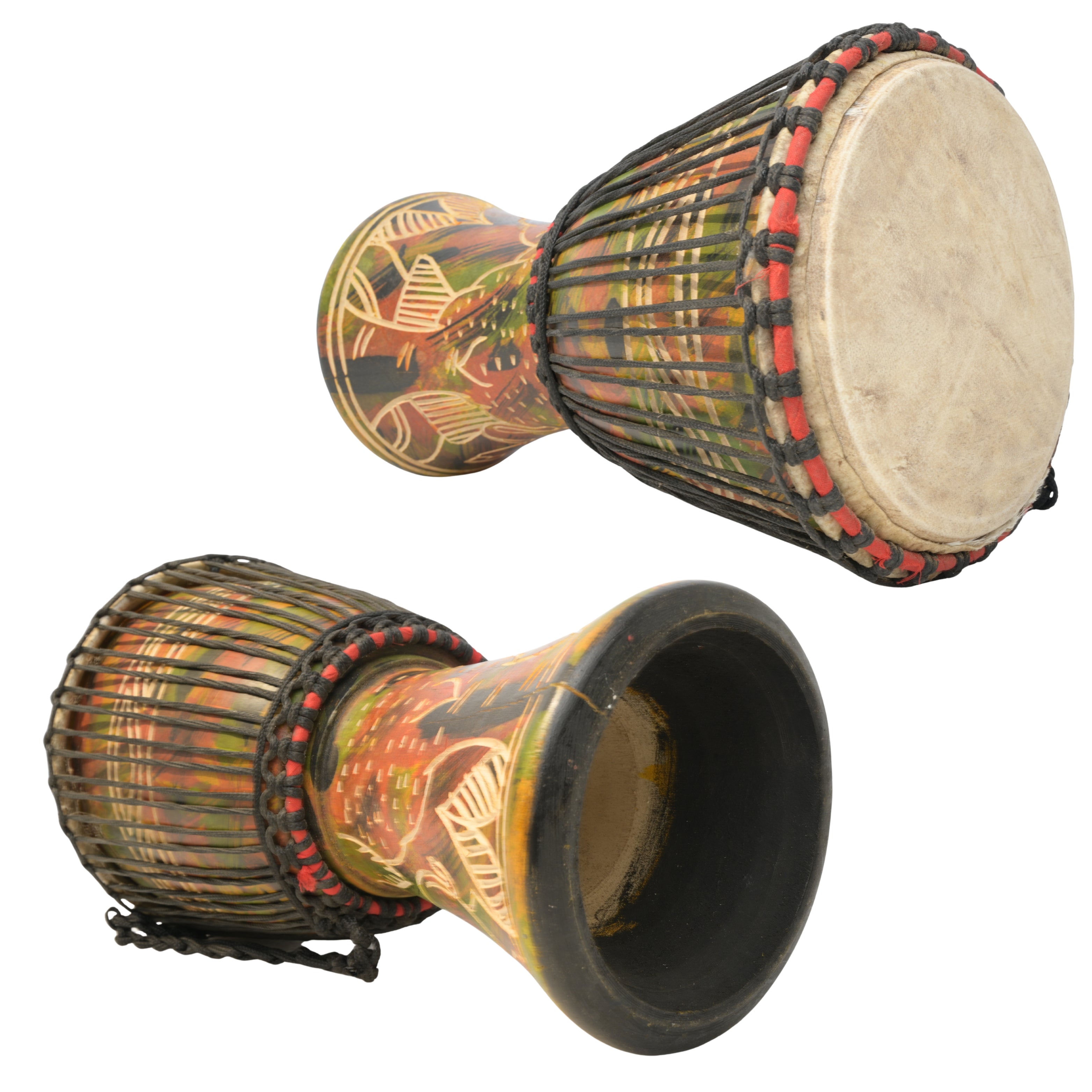 Multicolor with Elephant medium-large djembe side, drumhead, rope tuning and open-base detail # color_Multicolor with Elephant