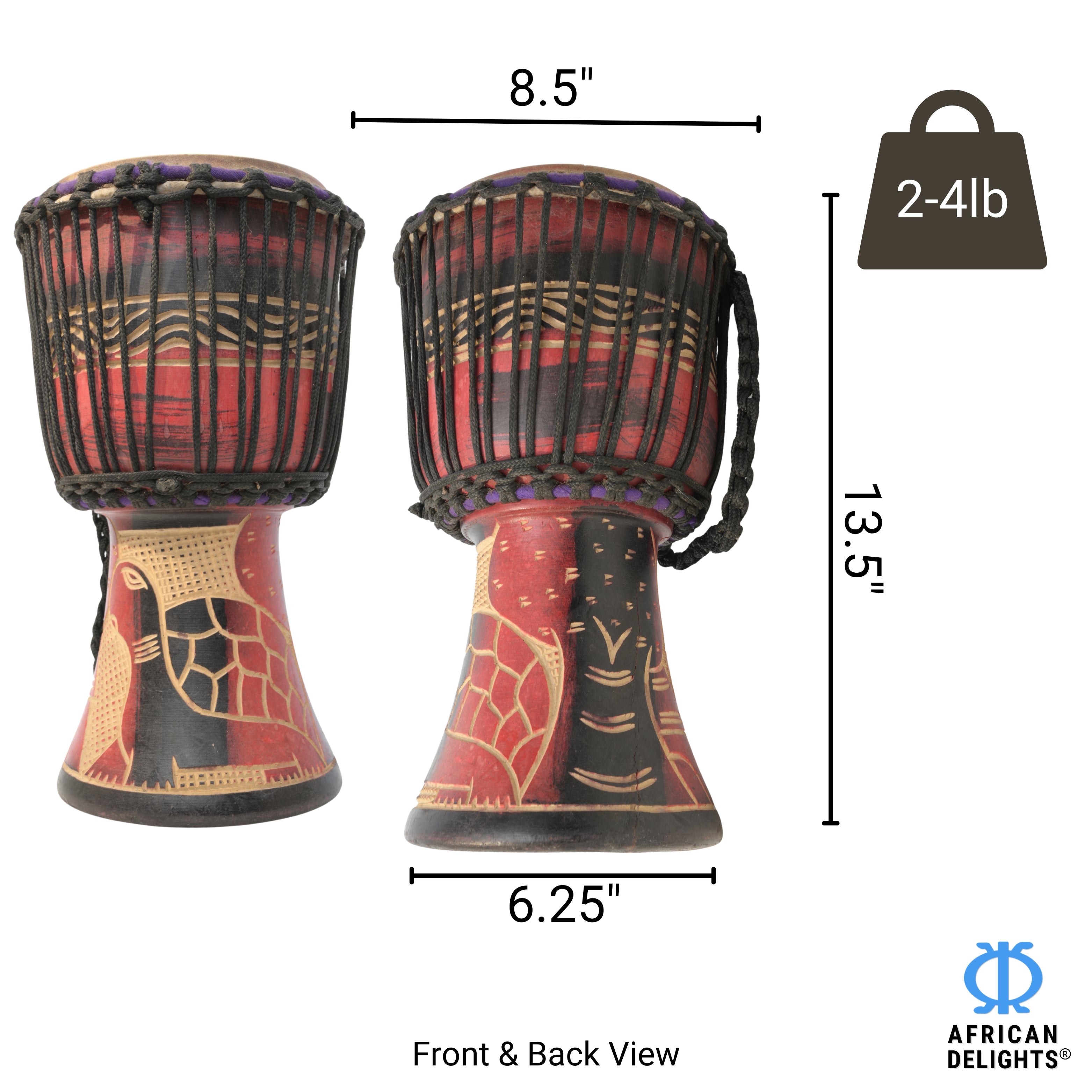 Red with Turtle medium-large djembe size and dimensions # color_Red with Turtle