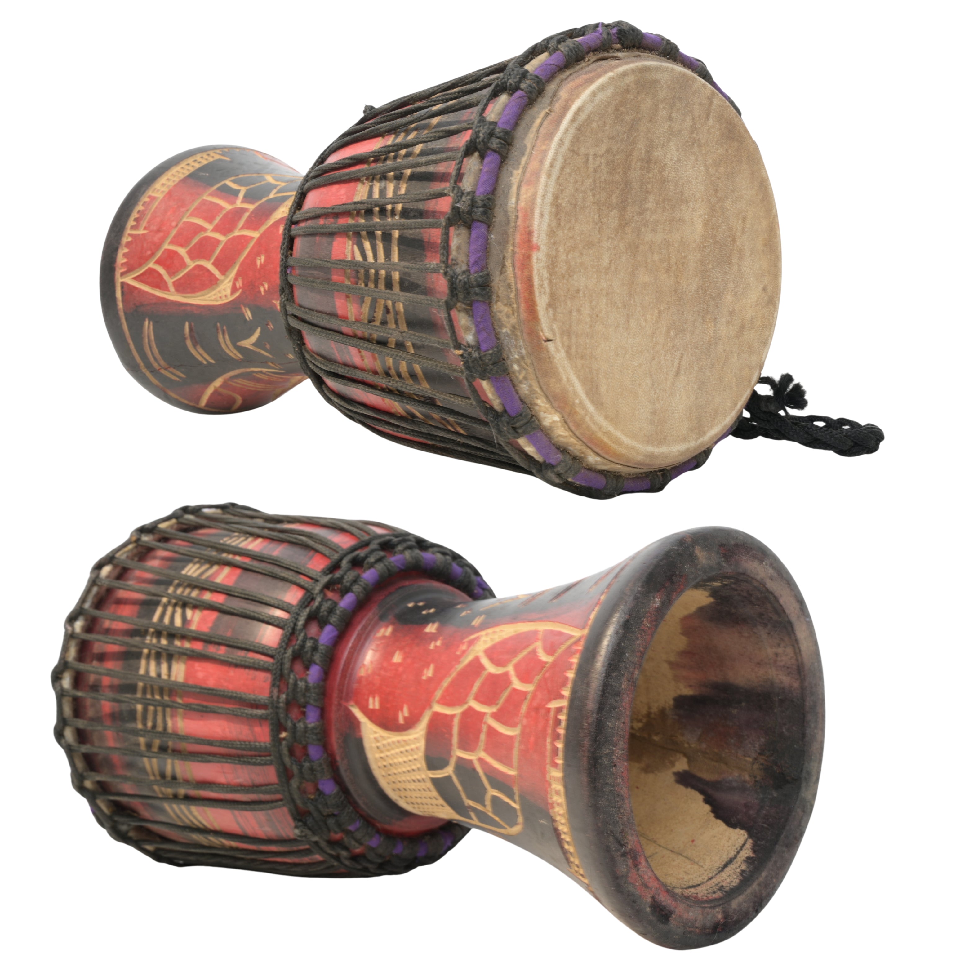 Red with Turtle medium-large djembe side, drumhead, rope tuning and open-base detail # color_Red with Turtle