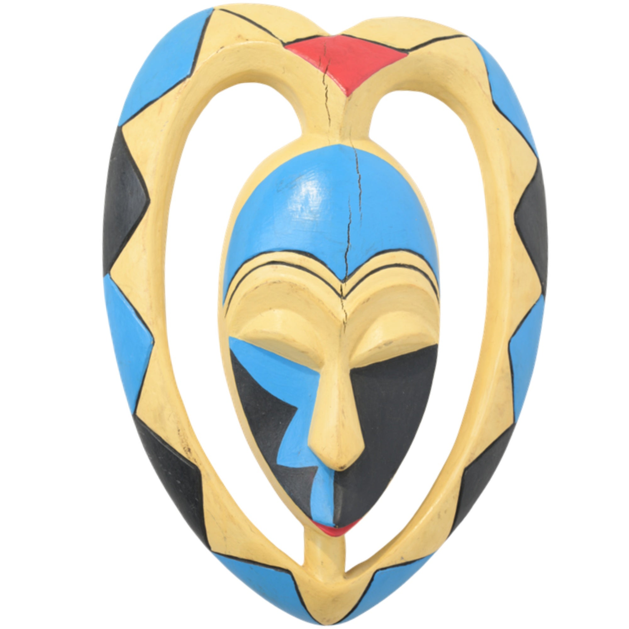 Mukudj Mask – 13in handcrafted African wall art mask by Christopher Nyasafo, Ghana. Authentic tribal decor for home and living room.
